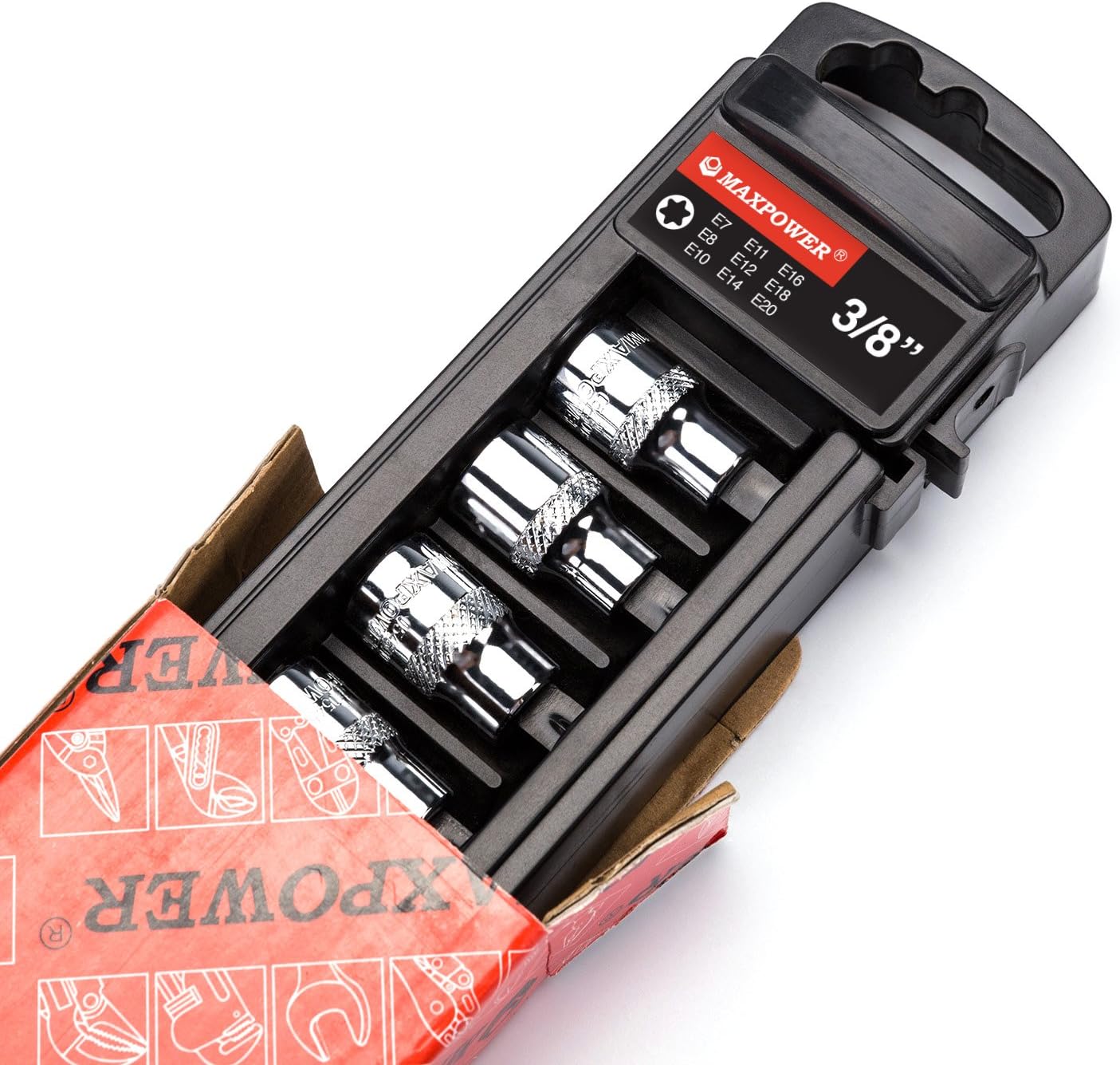 MAXPOWER 9-Piece 3/8" Drive E-Torx Socket Set, E7 to E20, Chrome Vanadium Steel, Automotive Repair, Includes Storage Rack