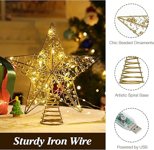 Miniatura 122 de Lewondr Decoración para árbol de Navidad, control remoto alimentado por USB, temporizador de 6 horas, estrella de árbol controlada con luces y Plata