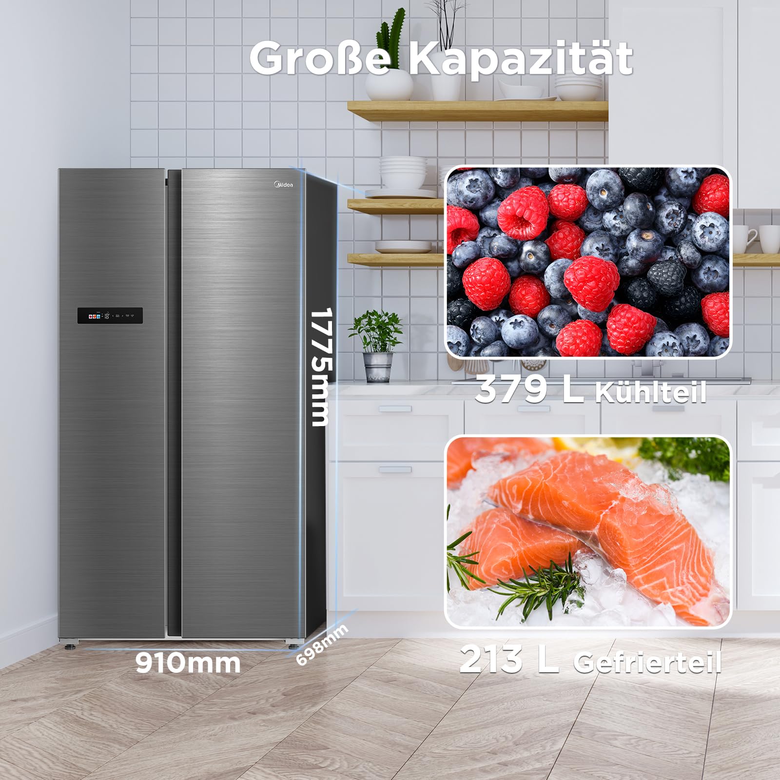 Midea Side-by-Side Kühl-Gefrierkombination 592 L No Frost WiFi-Steuerung Inverter-Kompressor 37 dB 212 kWh/Jahr 177,5 cm Multi-Air-Flow Humidity Control SuperCool MDRS791MIC46
