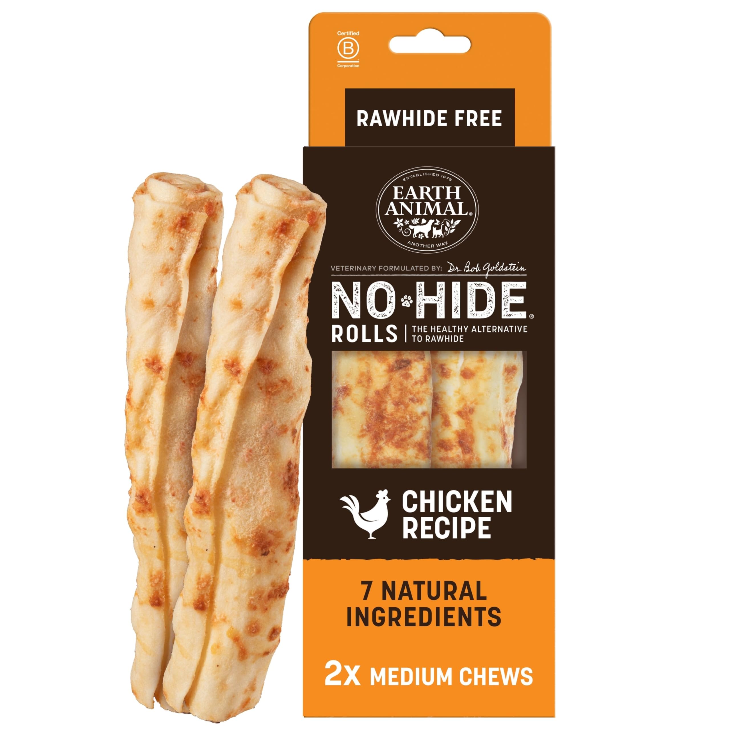Earth Animal No-Hide® Chicken Rolls (2 Pack) – Long-Lasting Dog Chews – Natural Dog Treats for Medium Dogs (18-34 kg) – Easily Digestible, Supports Healthy Teeth & Gums – 100% Recyclable Packaging