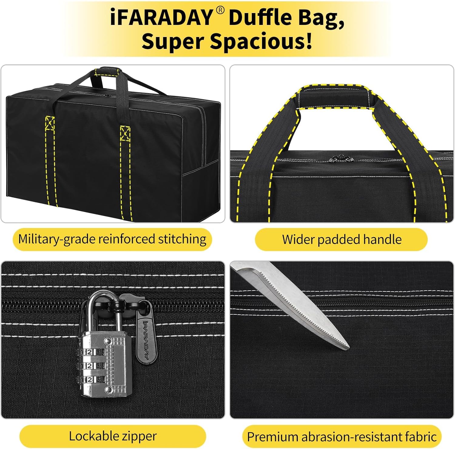 130L Extra Large Travel Duffle Bag - Heavy Duty Water Resistant Luggage for Camping, Sports & Moving - 35 inch Foldable Gear Bag (Black) - Image 3