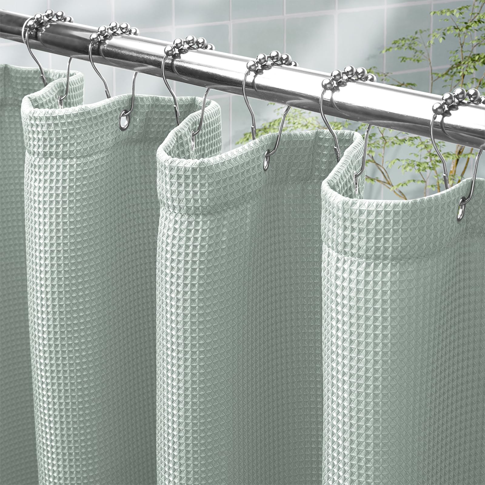 AmazerBath Grayish Green Shower Curtain Waffle Textured, Fabric Shower Curtain Dusty Green Thick Heavy Duty 240GSM Hotel Quality Bathroom Shower Curtains, Premium Polyester, 72 x 72 Inches