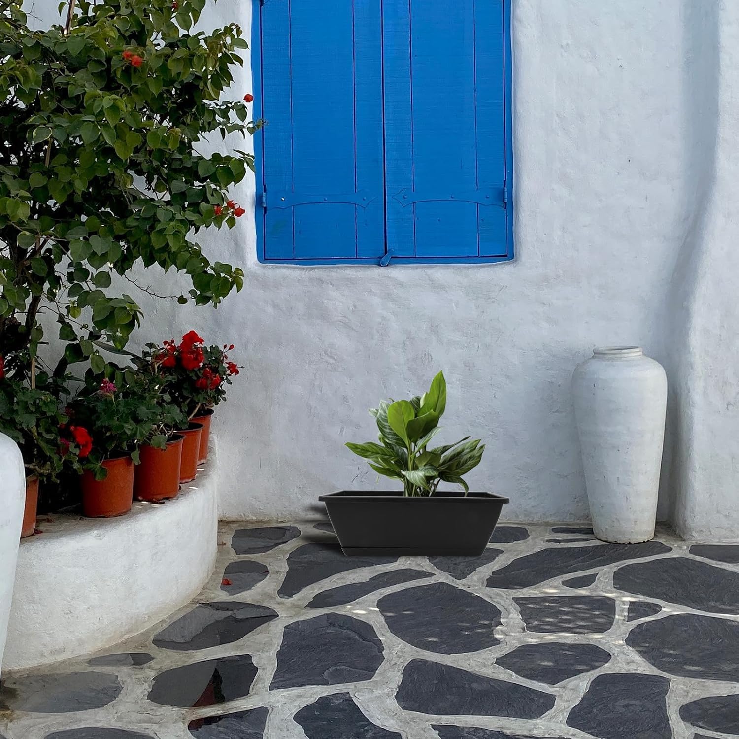 Large Rectangular Vegetable Planter Box with Tray 4pcs Deep Gray Window Flower Planting Holder for Outdoor Balcony Gardening and Herb Growing