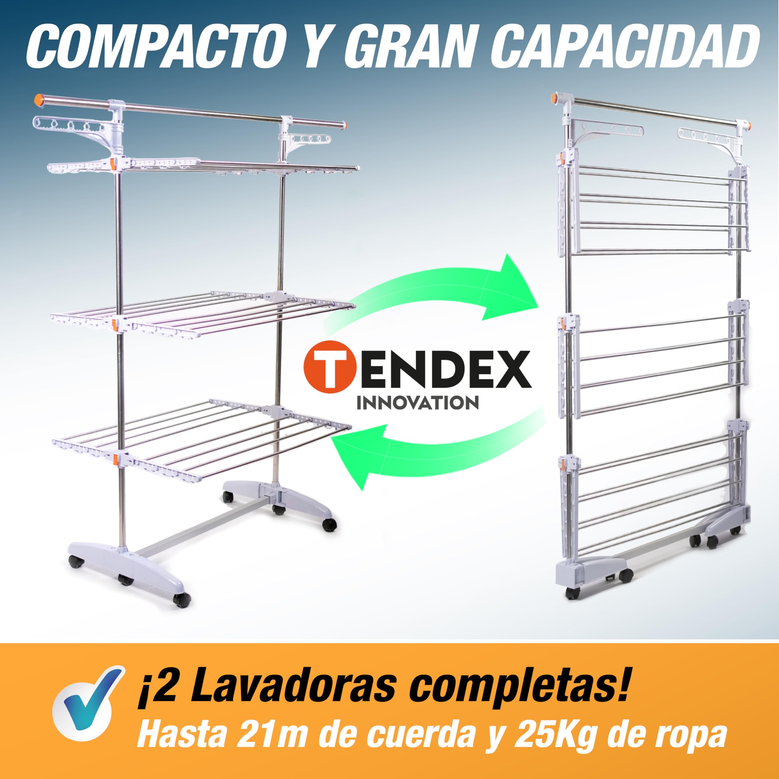 Tendedero Vertical Plegable INNOVA 3 Niveles, 6 Alas plegables, 24 Barras, 2 Soportes (hasta 14 Perchas), 36 Ganchos integrados. Ruedas 360º con bloqueo. Hasta 40kg ropa/17m de tendido (4 Niveles)