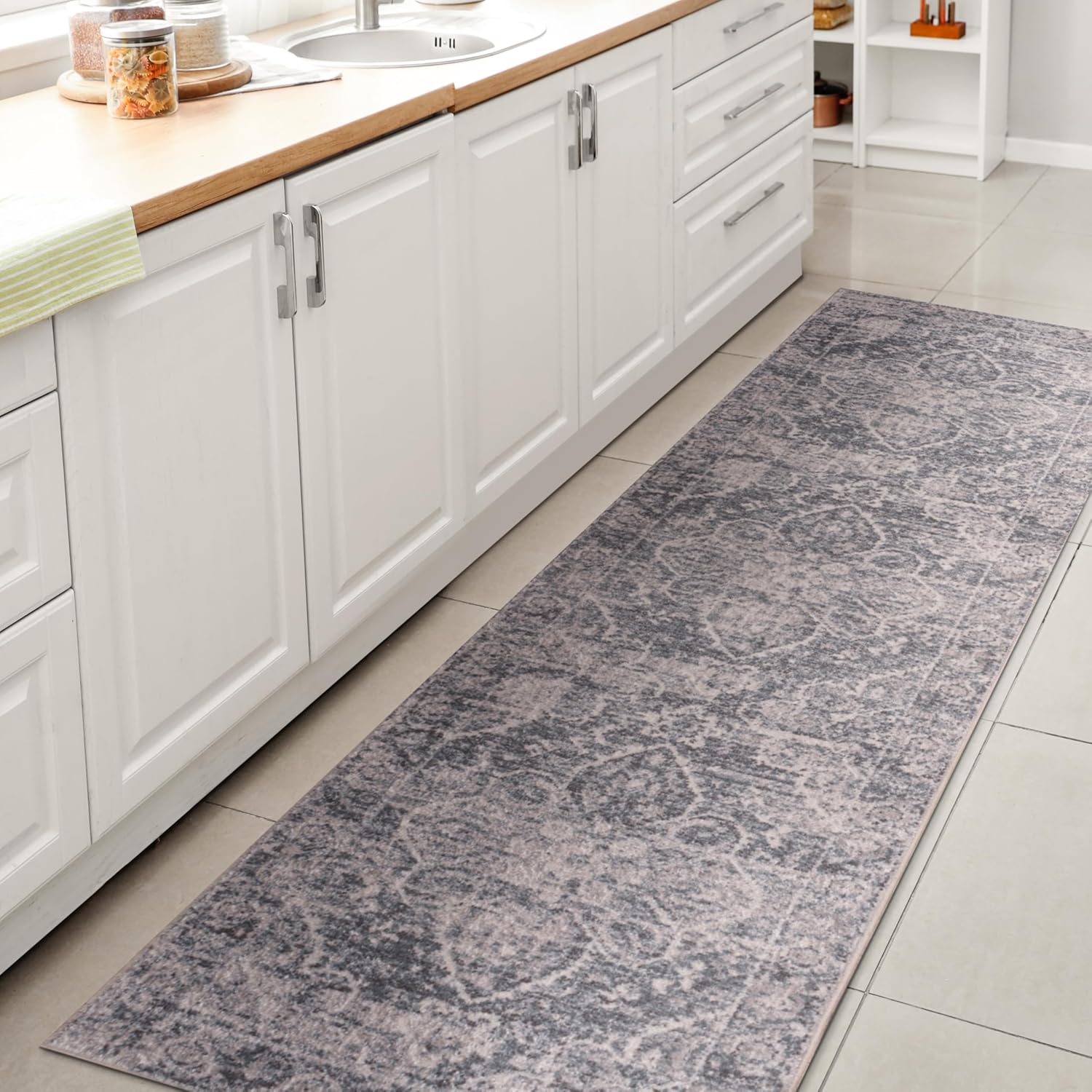 JONATHAN Y Machine Washable Blue/Light Gray Runner Rug 2X8 ft, Shaii Global Medallion Low-Pile for Living Room, Bedroom, Kitchen, Office, Easy-Cleaning, Pet-Friendly, Non-Shedding WSH319A-28