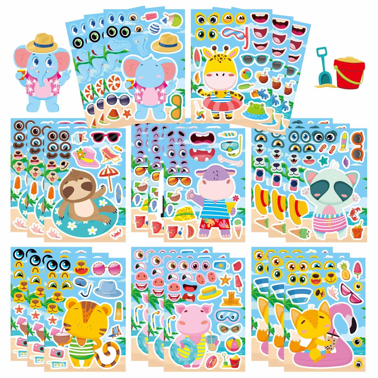 24 Sheets Summer Stickers for Kids Toddlers, Make Your Own Sticker with 8 Designs of Animal Elephants Giraffes Hippos Pigs, Animal Make a Face