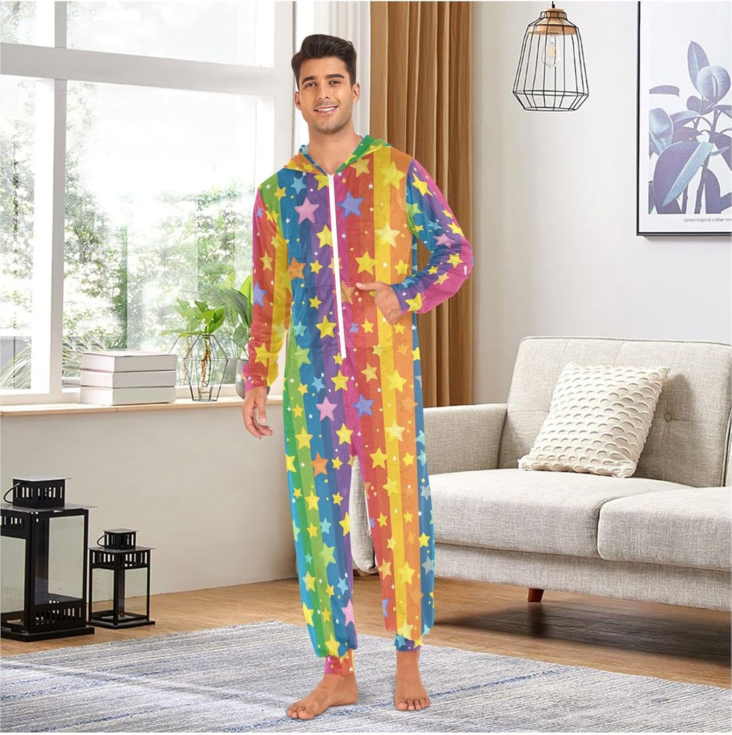 ZZKKO Rainbow Star Colorful Adult Onesie Pajamas for Women Men Cozy One Piece Pajamas Costume Zip-Up Hooded S-XL