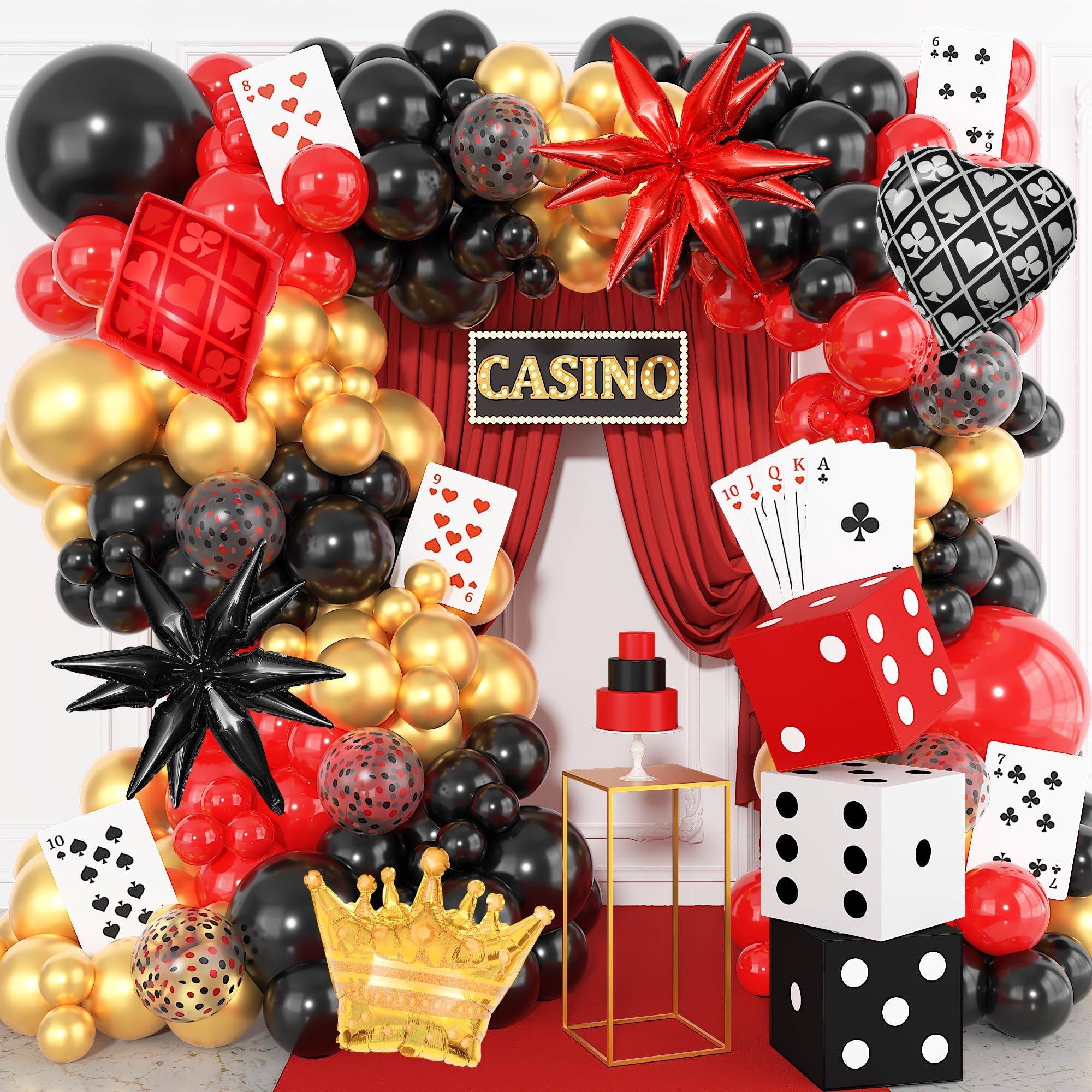 144PCS Casino Theme Party Decorations Dice Boxes, Casino Balloon Arch Garland Kit Black Red Gold Dice Crown Poker Star Foil Balloons for Las Vegas Game Themed Casino Night Birthday Party Supplies