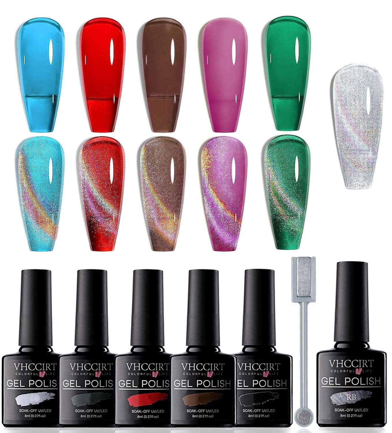 Rainbow Cat Eye Gel Nail Polish Set with 5 Colors Jelly Gel Polish Holographic