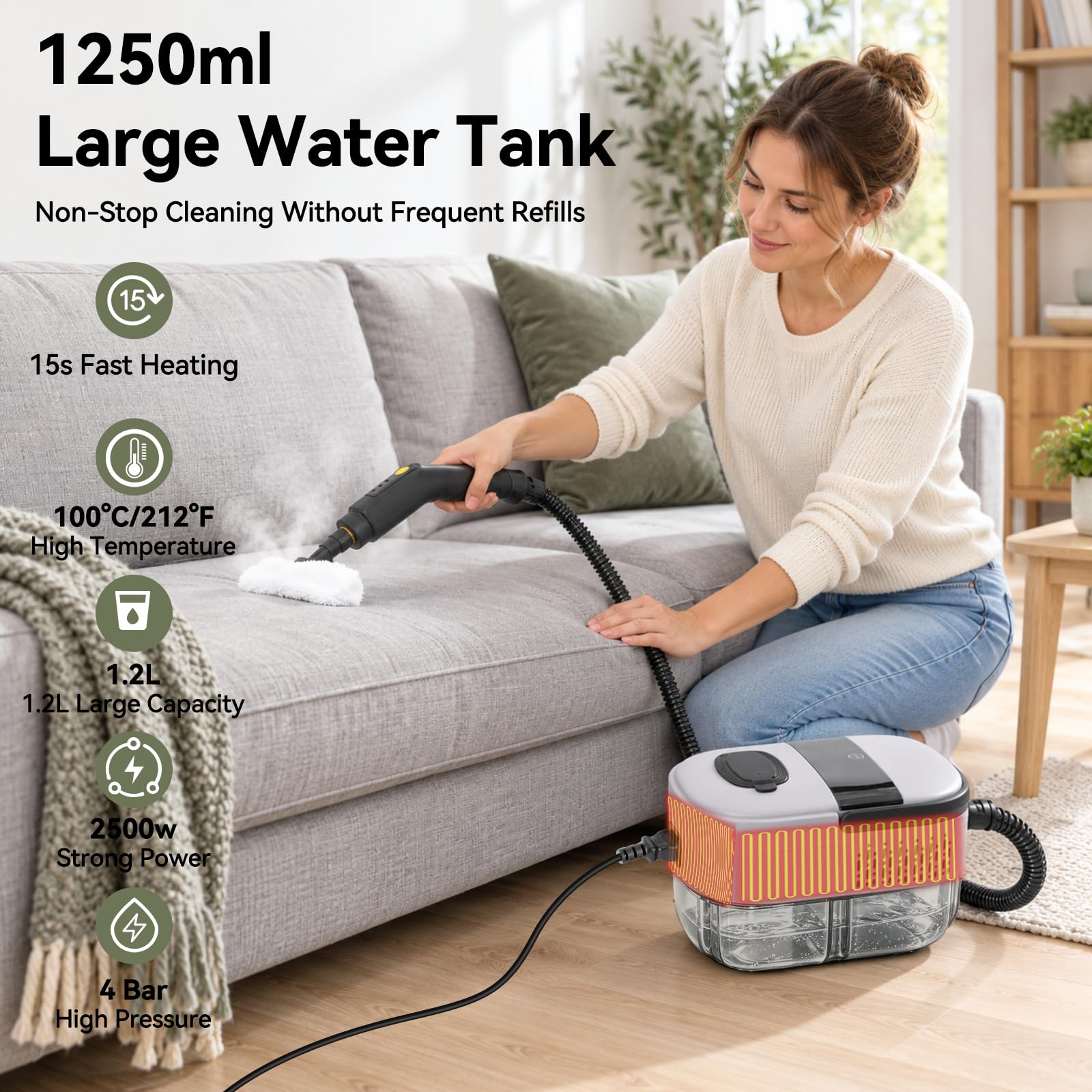 Ręczna myjka parowa, 2500 W, 1,2 l, ciśnieniowa myjka parowa