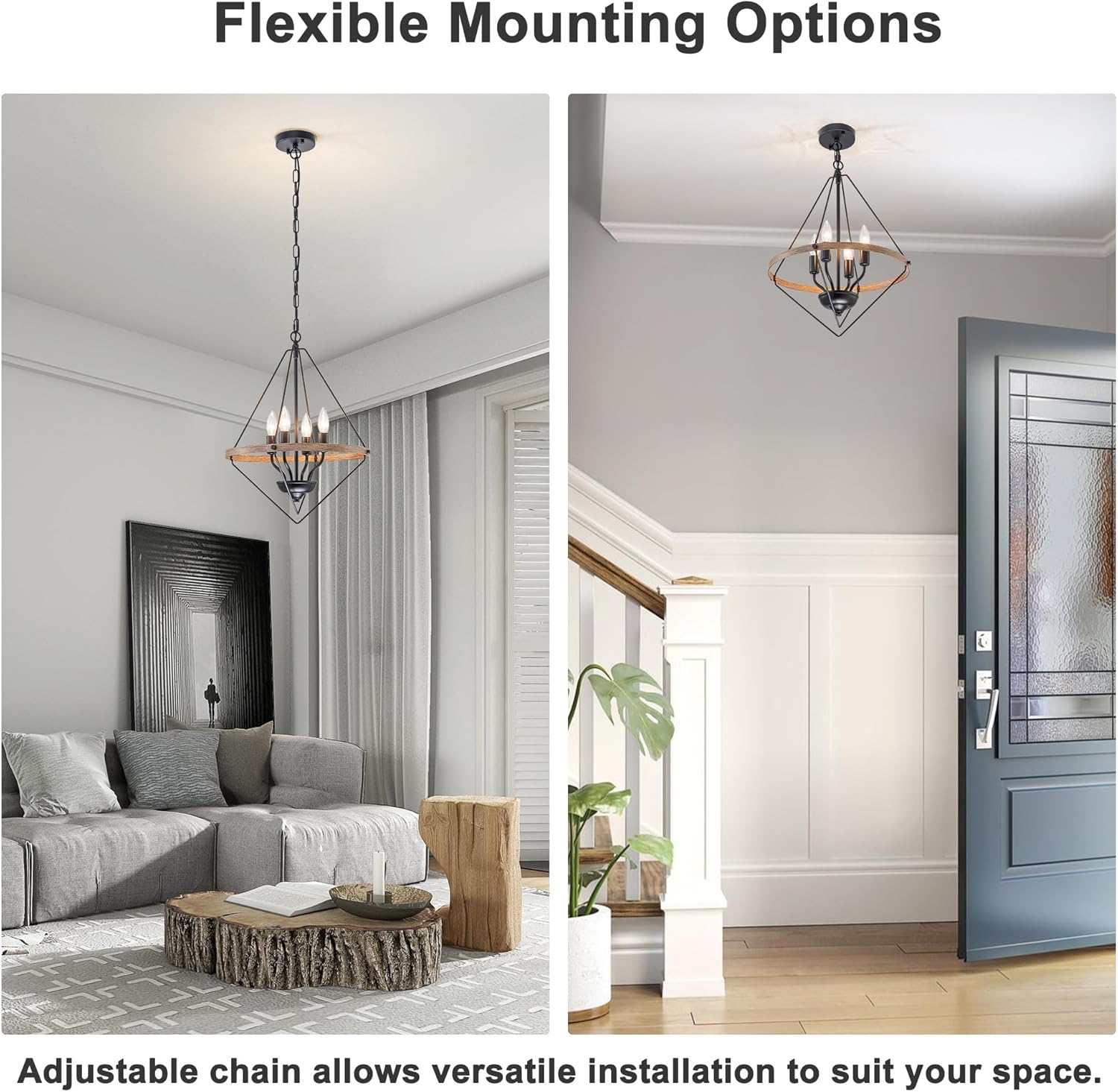 15" Farmhouse Chandelier, 4-Light Rustic Chandelier with Wood Painted Metal Cage, Industrial Chandeliers for Dining Room Light Fixture, Black Pendent Light for Kitchen Living Room Entryway Foyer