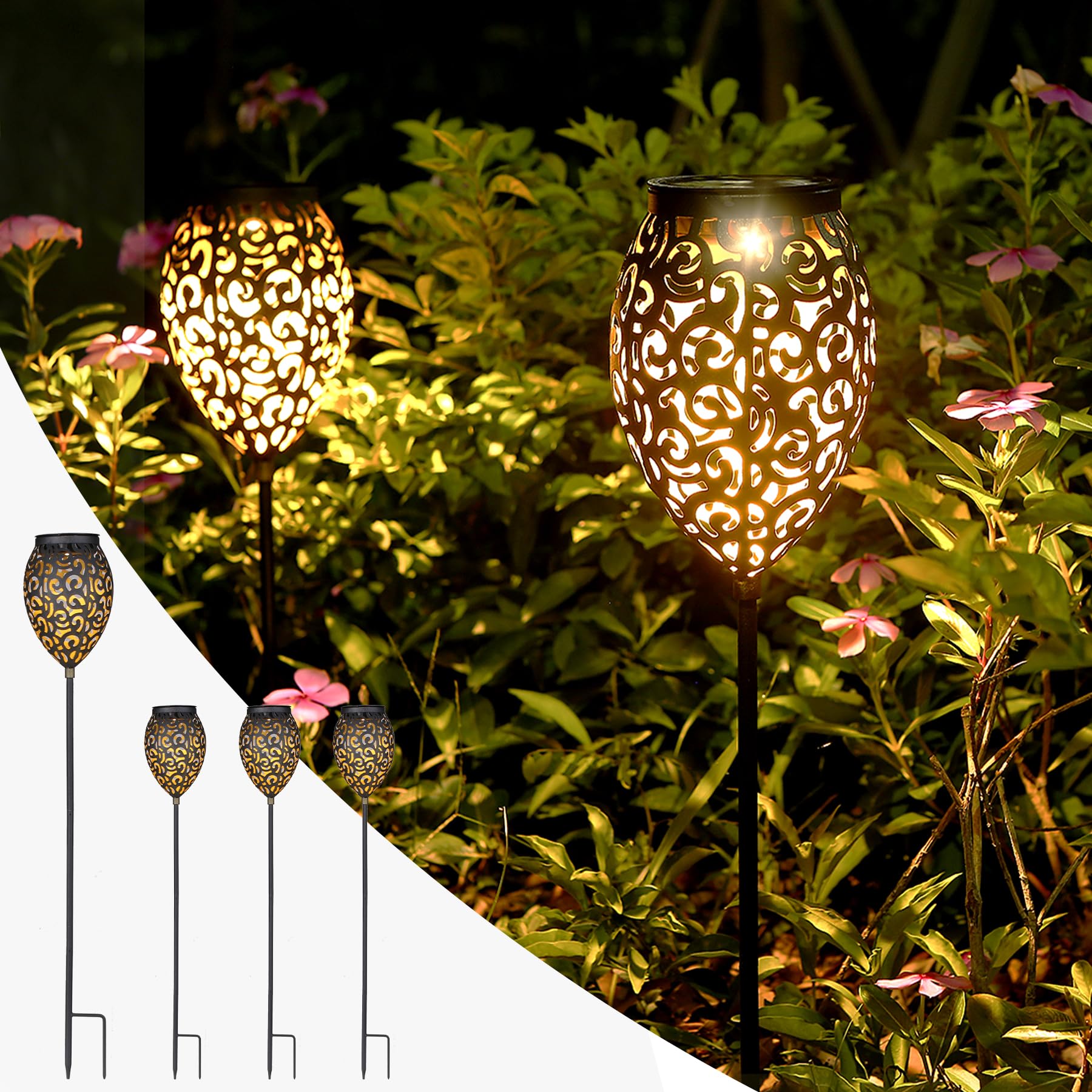 Görvitor Lampade solari per esterni da giardino, 4 pezzi, LED in metallo, per esterni, IP65, impermeabili, orientali, da giardino, a energia solare, luce bianca calda, con picchetto, decorazione da
