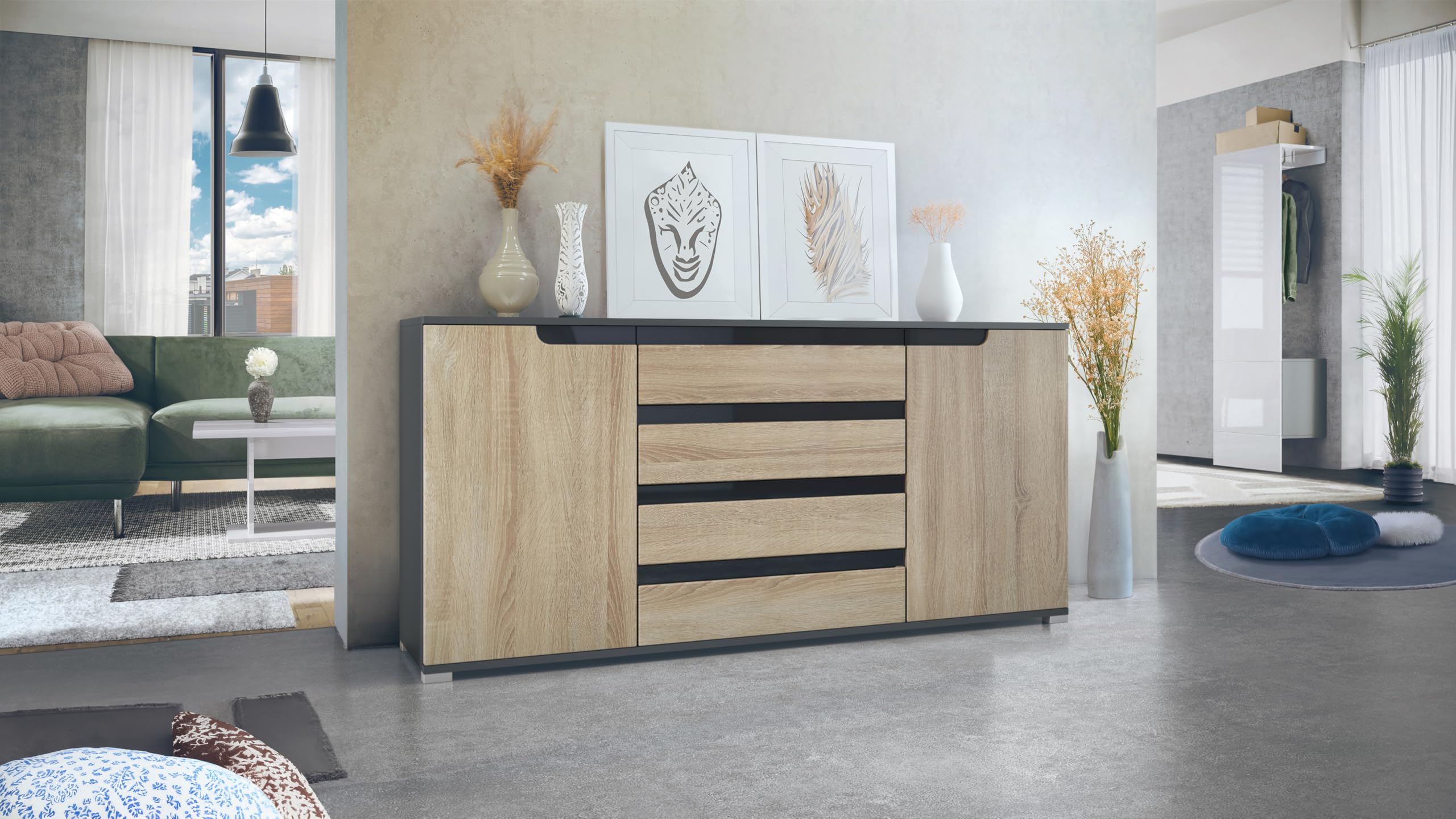 Mobile Da Bagno Aloha V2, Struttura In Bianco Opaco / Frontali In Bianco Lucido Con Sfalsature In Grigio Lucido Con Lavabo E Specchio A Led