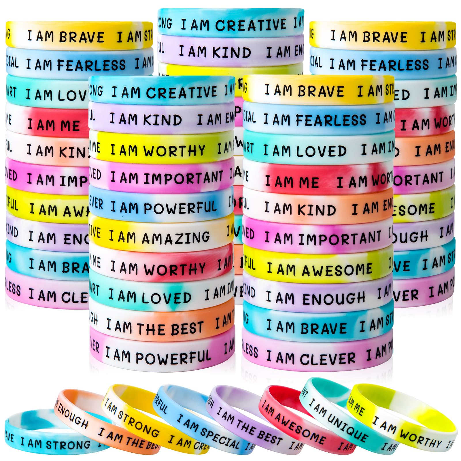 KUCLIN 100 Pieces Students Inspirational Silicone Wristbands Motivational Quotes Rubber Bracelets for Kids Students Back to School Gifts (Swirl Colours)