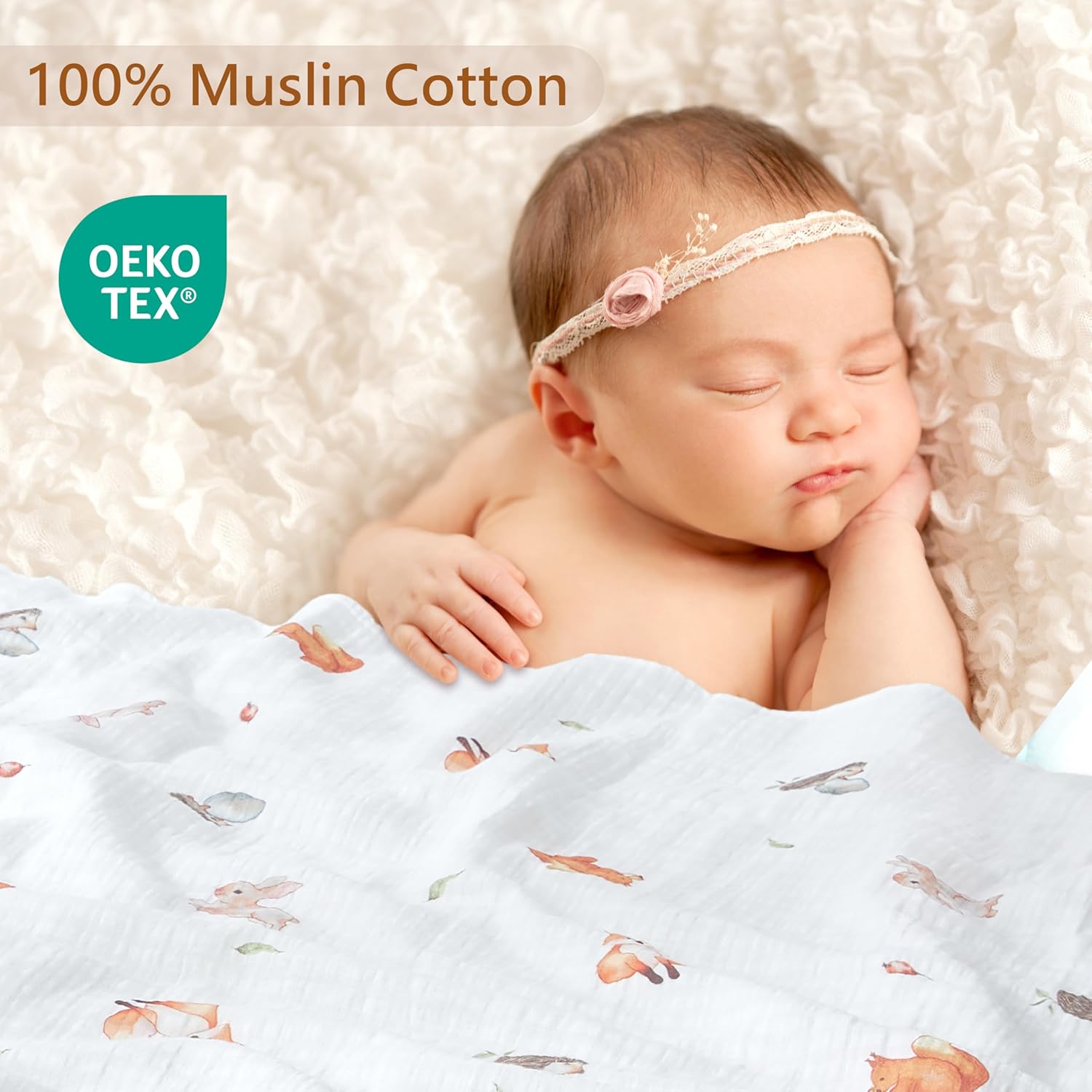 3-Pack 100% Cotton Muslin Swaddle Blankets, Large 47 x 47 Inches — Breathable Soft Receiving Blankets for Newborns, Swaddling Wraps, Registry Gift (Playful Forest Animals) - Image 6