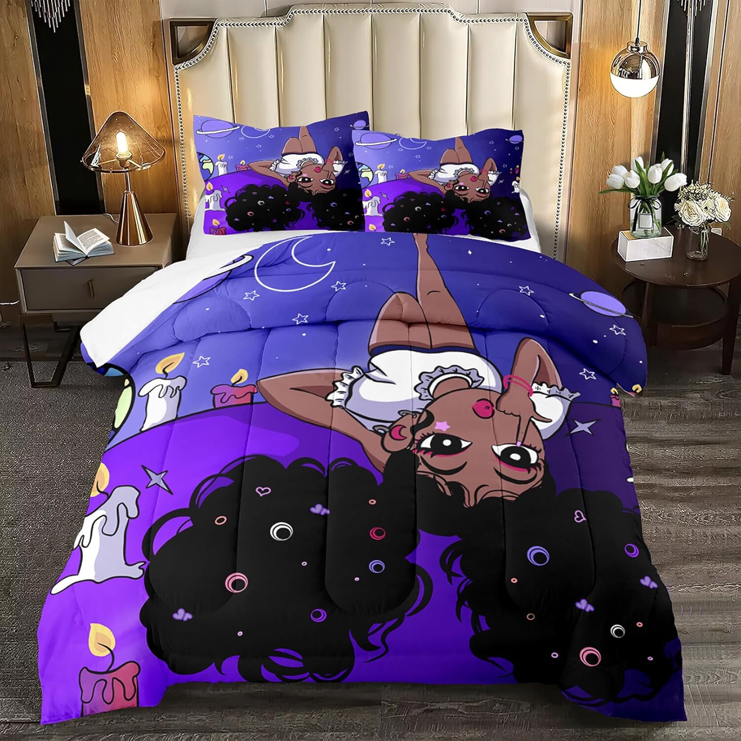 African American Comforter Sets, Black Girl Comforter Set Queen Cute Gilrs Bedding Set Purple Girls Bedroom Decor Kids Comforter Sets with 1 Comforter +2 Pillowcase