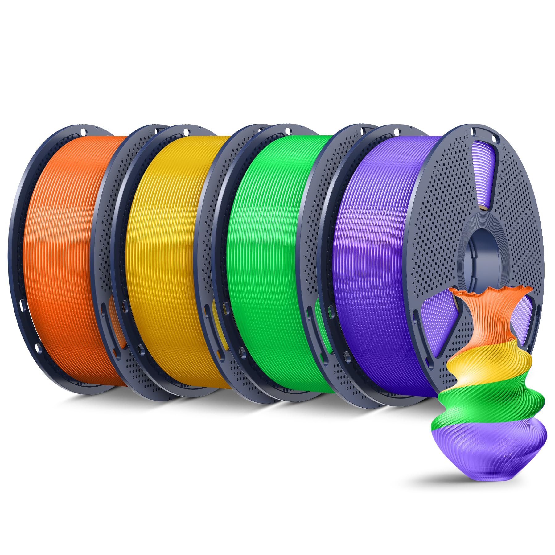 SUNLU 3D Printer Filament PLA Plus 1.75mm, 4KG Bundle | Neatly Wound, For Most FDM 3D Printer, 1 kg Spool, 4 Packs, Transparent(Orange+Yellow+Green+Purple)