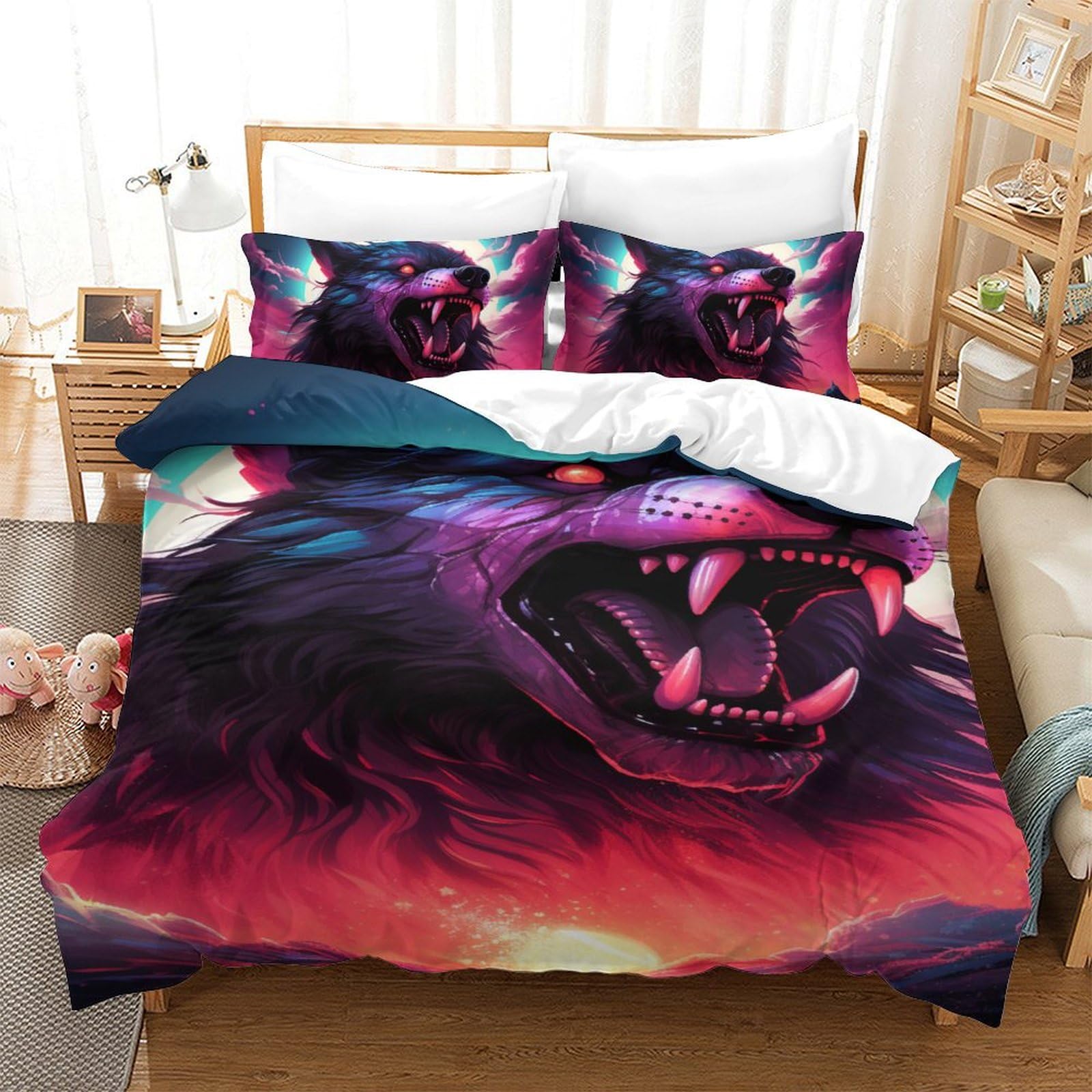 Housse de couette loup 140x200 cm avec taie d'oreiller en microfibre pour lit simple