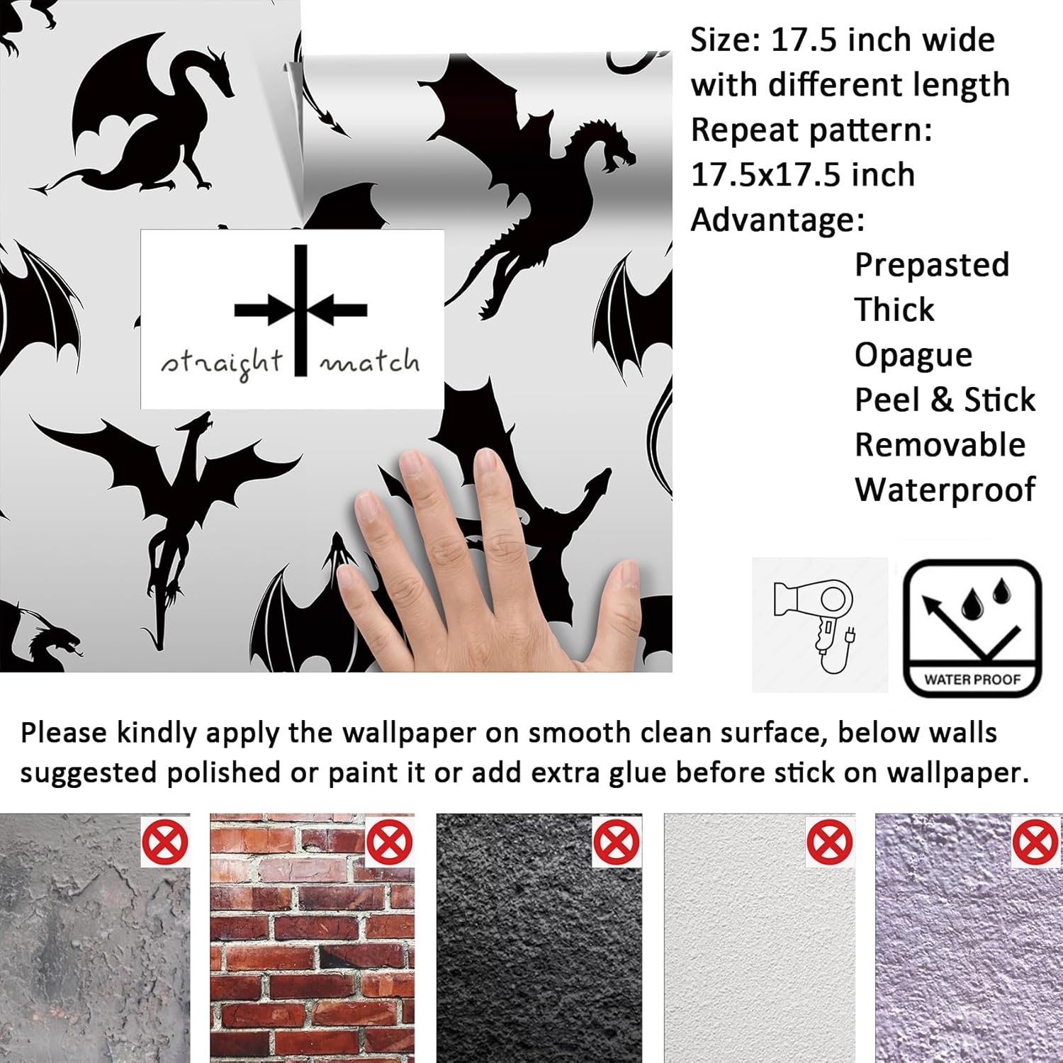 Livelynine 17.5x276 Fun Exotic Animal Wallpaper Peel and Stick Vintage Fantasy Dragon Wallpaper Self Adhesive Renter Friendly Novelty Funny Cool Black and White Contact Paper for Cabinets Classroom