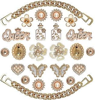 Bling Shoe Charms for Girls and Women, Girly Gold Shoe Charms for Clog Sandals, 24 PCS Glitter Pearl Flower Shoes Decoration Bulk, Shoes Chains Pins Charm Accessories