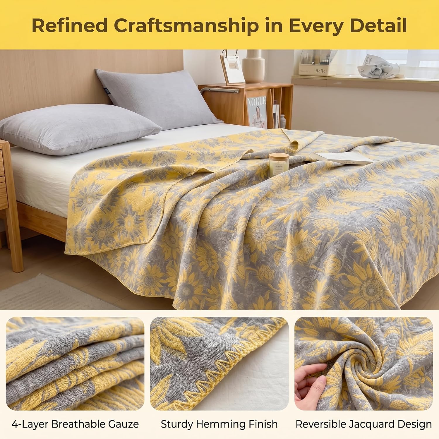 King 100% Cotton Muslin Quilted Blankets for All Season 4-Layer Gauze | Reversible Breathable Lightweight Soft Blanket for Bed Sofa Couch Cooling Blanket for Hot Sleepers, Outdoor Used, Tablecloth