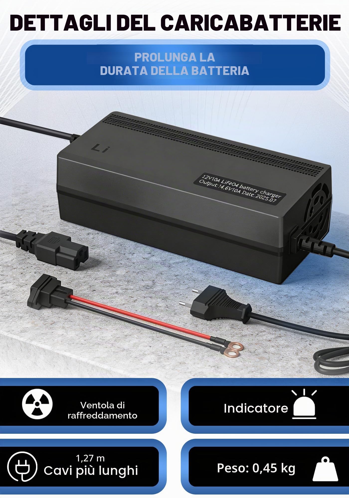 Caricabatterie al litio LiFePO4 14,6V 10A, caricabatterie 12V per batterie agli ioni di litio LiFePO4