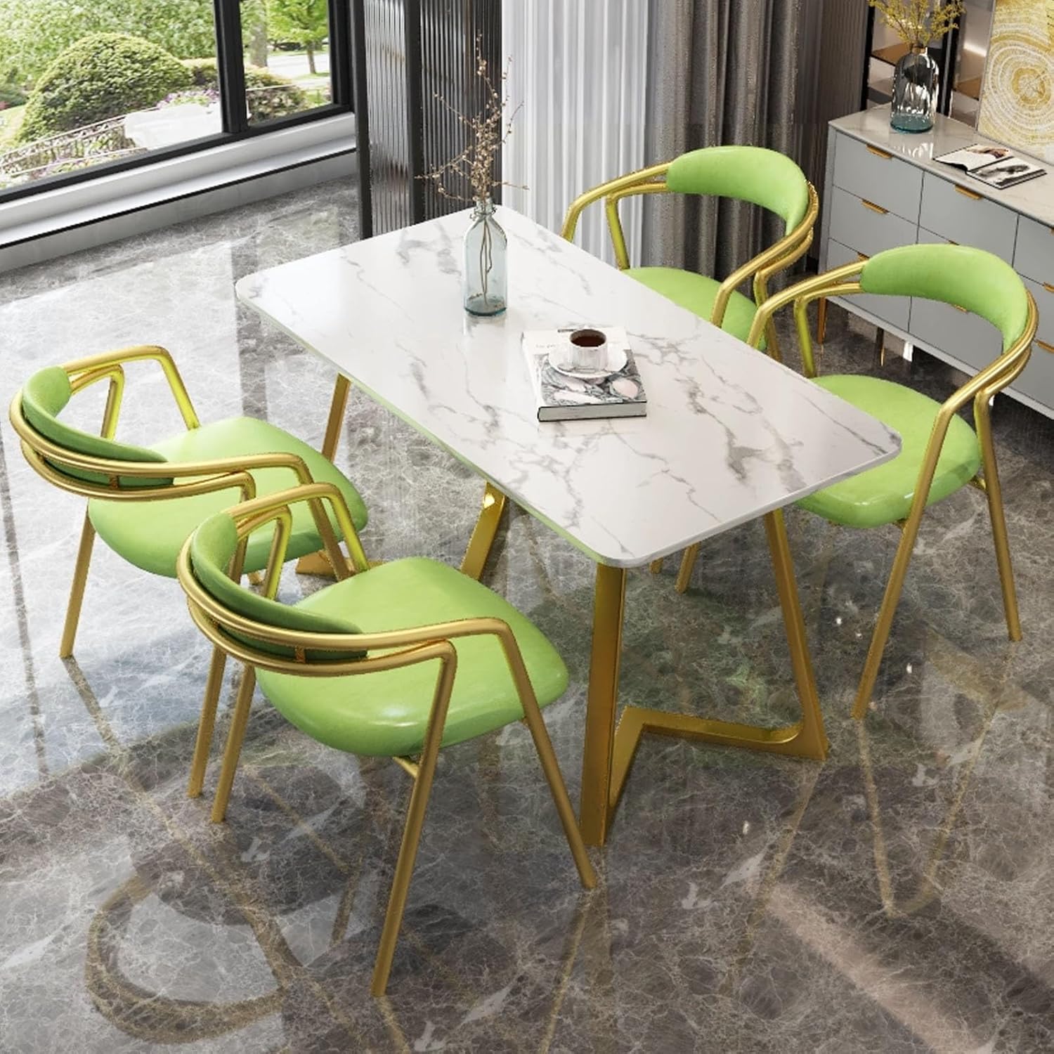 Office Reception Room Club Table and Chair Set, Negotiation Table and Chair Set for 4, Small Conference Room Negotiation Table Sets, Marble Square Table and PU Backrest Chair 5-Piece(Green)