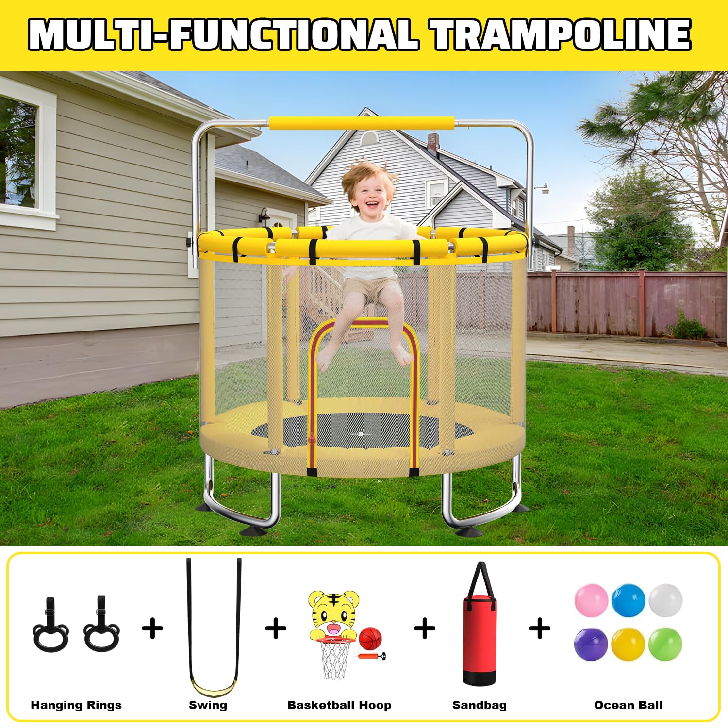 MaxBinTon Trampoline pour Enfants 140 cm intérieur/extérieur – Charge maximale 50 kg avec Filet de sécurité, Barre de Gymnastique réglable et Panier de Basket, Cadeau pour garçons et Filles - 5