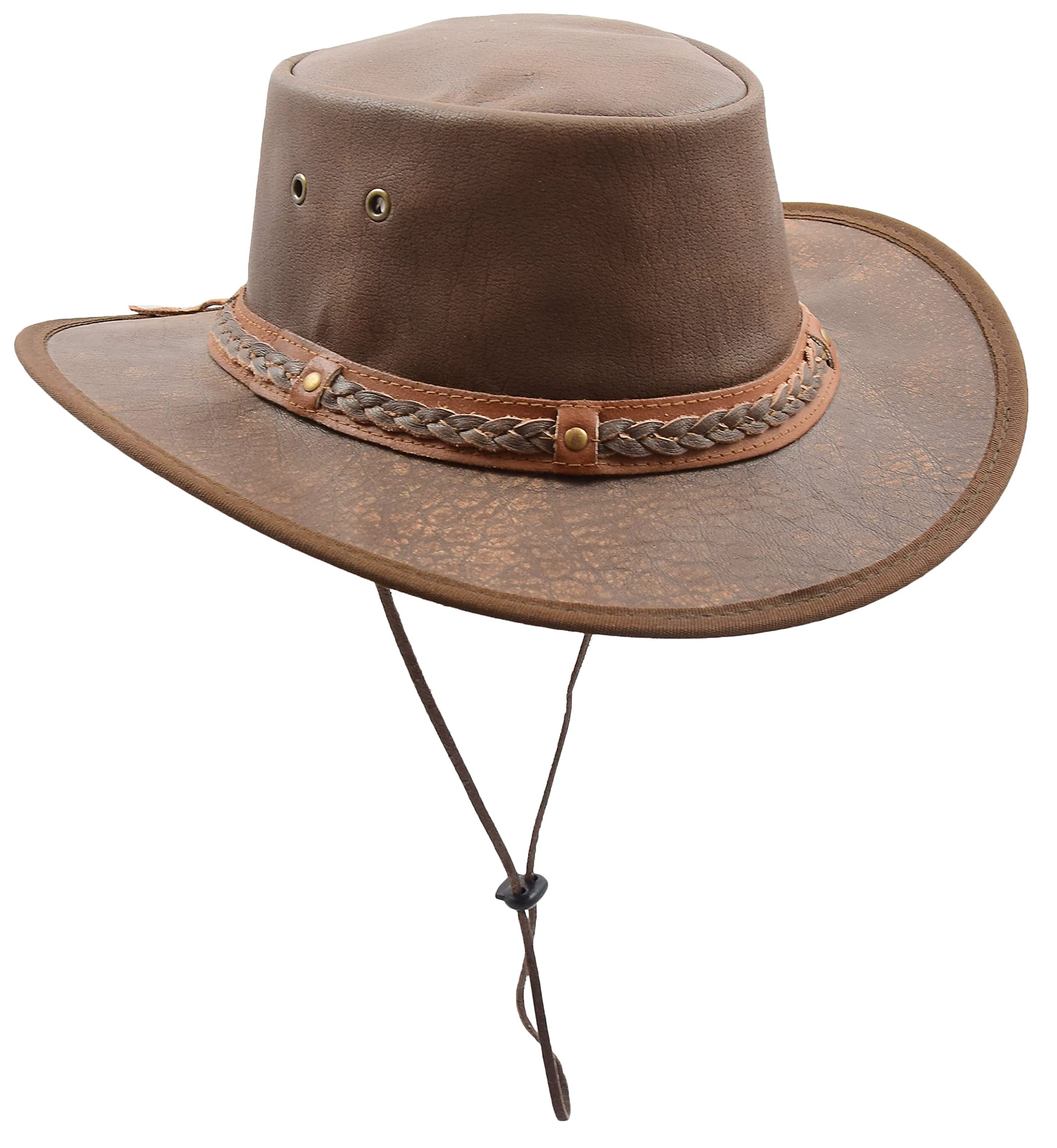 House Of Leather Men's Brown Real Leather Cowboy Hat With Removable Chin Strap Aussie Autralian Bush Style Hl001 L