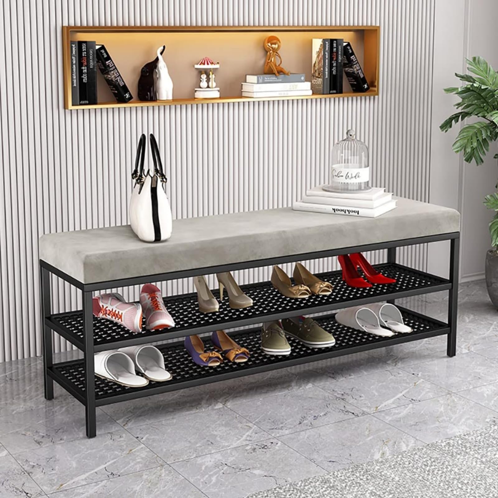 WJFTODAY Multicolor Metal Frame Shoe Storage Bench with Mesh Shelves & Comfortable Seat Durable for Entryway Hallway or Closet (Black 120cm)