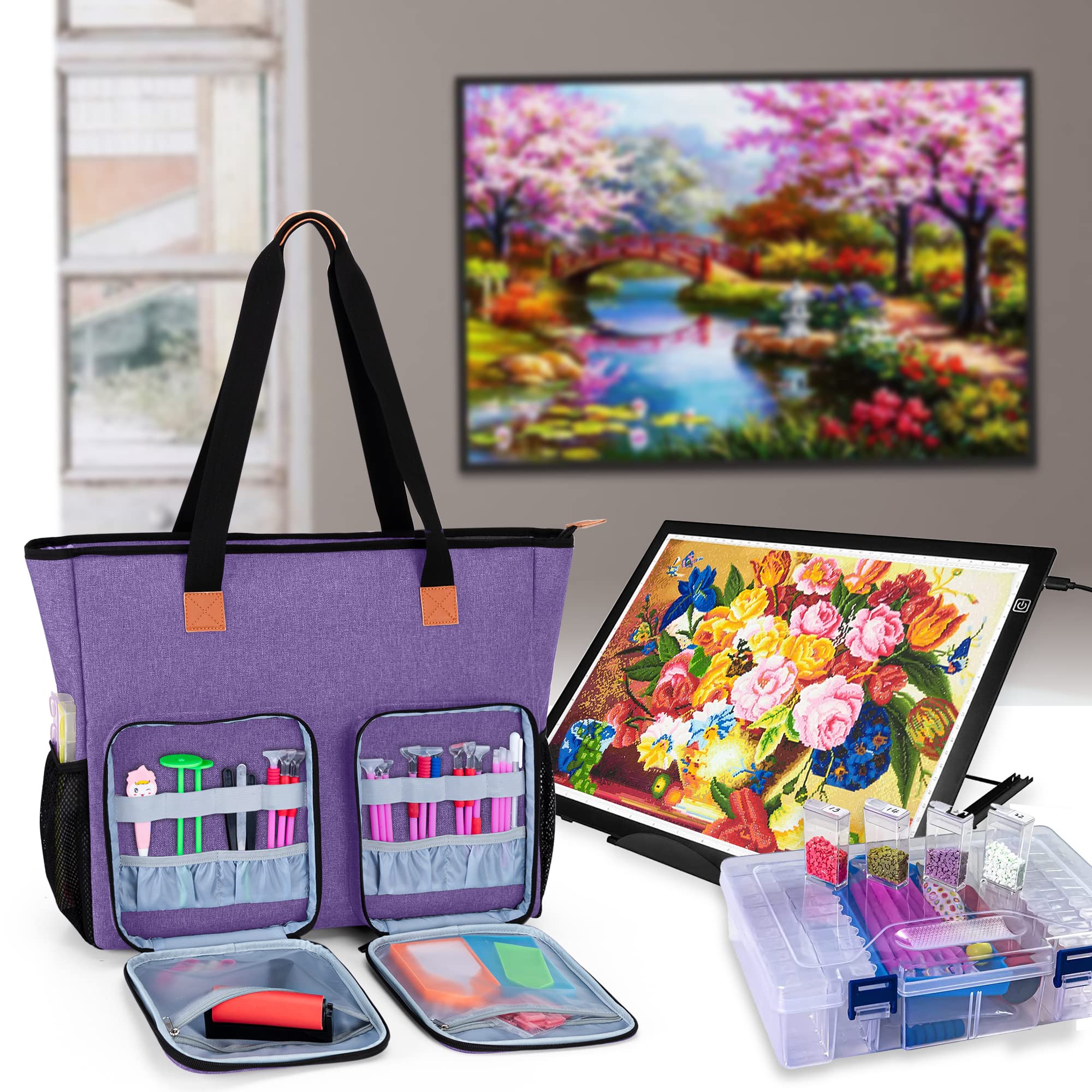 Luxja Bolsa de Viaje para Pintura de Diamentes, Bolsa para Mesa de Luz Dibujo A3, Bolsa con Muchos Bolsillos para Mesa de Luz y Aceesorios de Pintura Diamantes