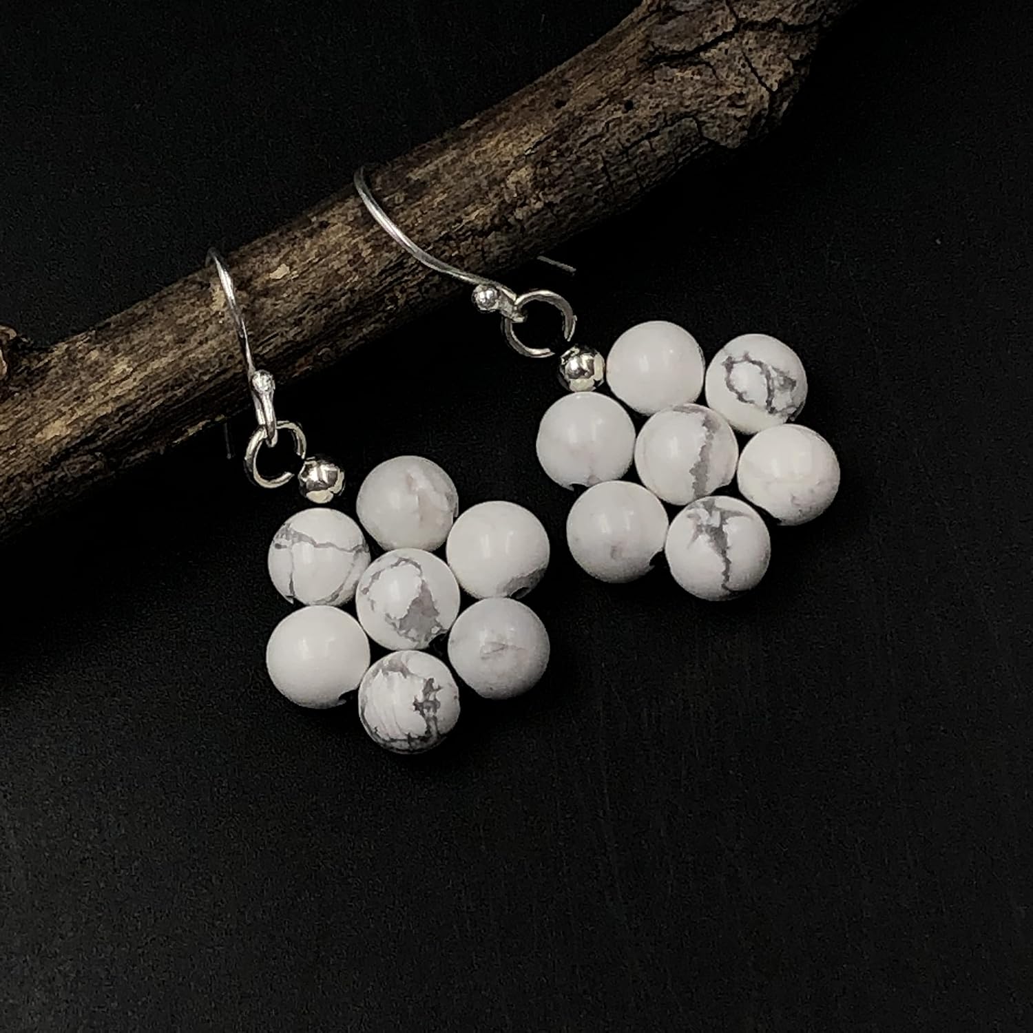 White Howlite Gemstone 8mm Round Beaded 925 Sterling Silver Jewelry Earring, Stylish Earring For Her, Fine Jewelry, Drop & Dangle Earring, Sterling Silver, white howlite