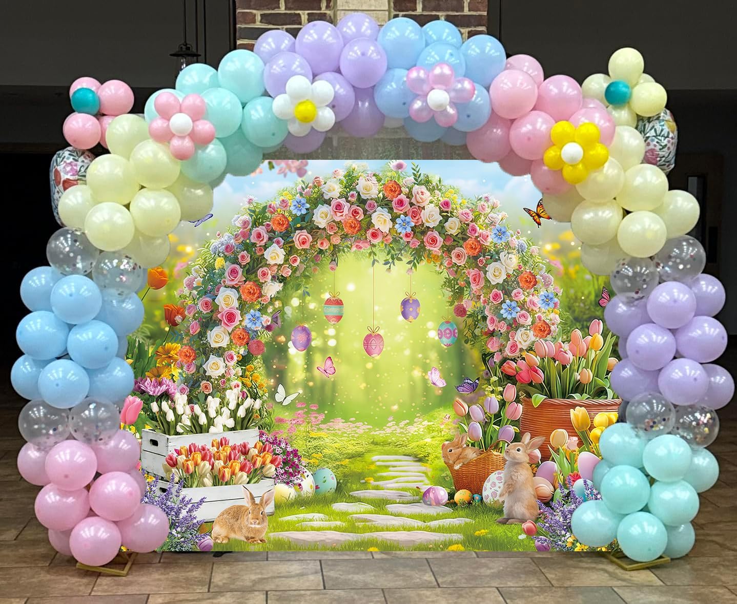 Spring Easter Backdrop Enchanted Garden Colorful Eggs Bunny Rabbit Floral Arch Photography Background Kids Baby Showers Birthday Party Decoration Banner Photo Props (7x5FT)