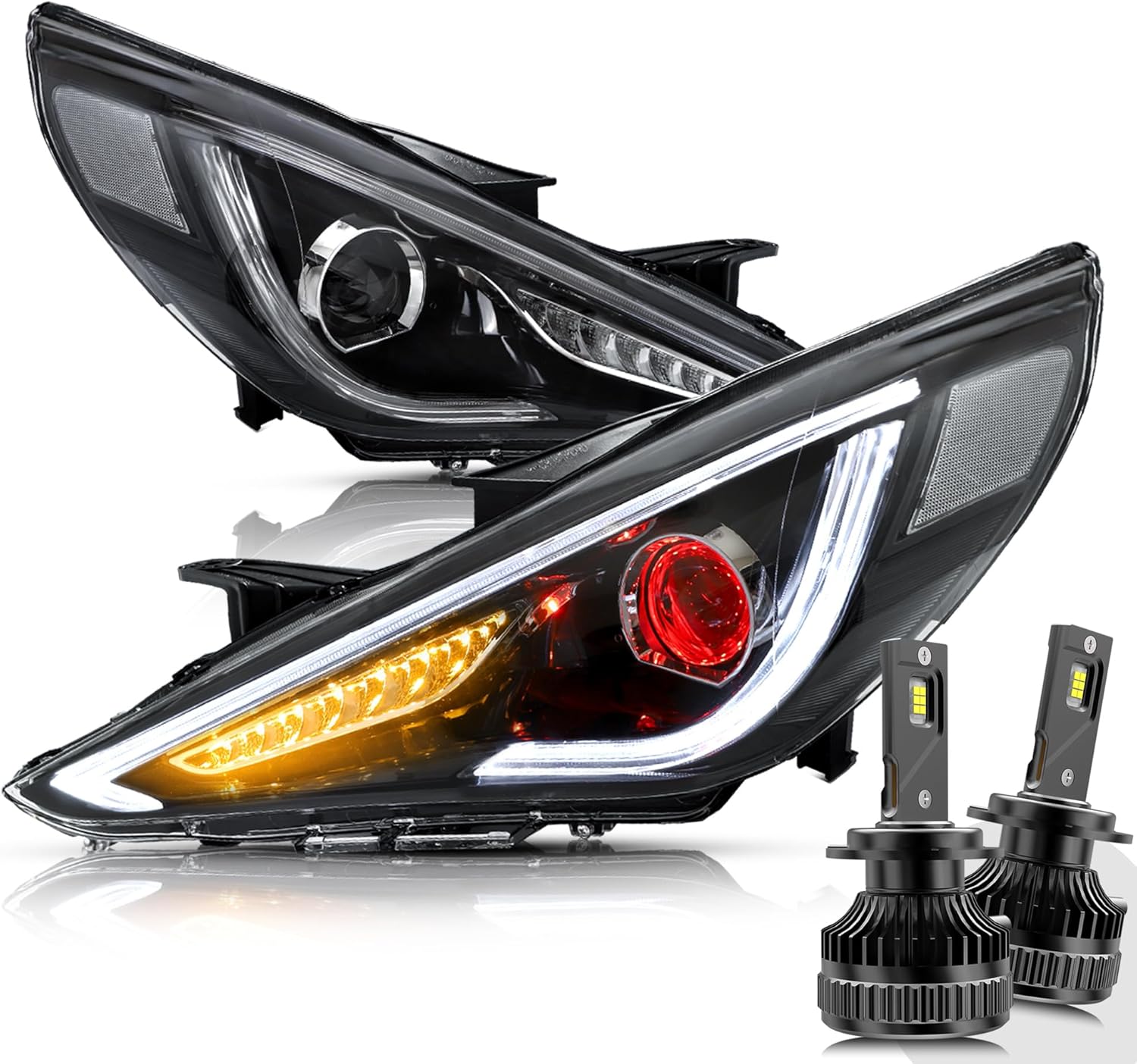 VLAND LED Headlights and D2S LED Bulbs For Hyundai Sonata 2011 2012 2013 2014, With Sequential Turn Signals Dual Beam Lens (NOT for Models without Adjusting Motor)