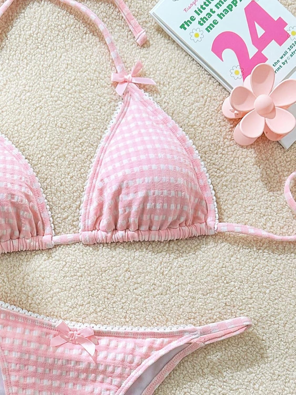 Women's Plaid Gingham Bathing Suit High Waisted Halter Triangle Swimsuit Bikini Set - Image 3