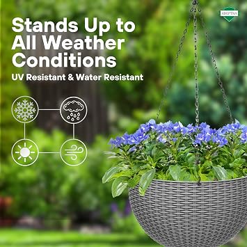 ADEPTNA Beautiful Rattan Effect Hanging Planter – 26cm (10) Hanging Basket | Decorative Plant Pot for Home, Garden & Patio | Stylish Flower Bowl for Indoor & Outdoor Use (GREY)
