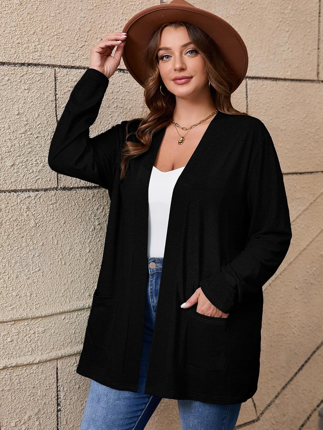 AusLook Women's Plus Size Lightweight Open Front Cardigan 3/4 Sleeve Cover Ups Shrugs Shawls and Wraps Kimono Jacket Coat - Image 2