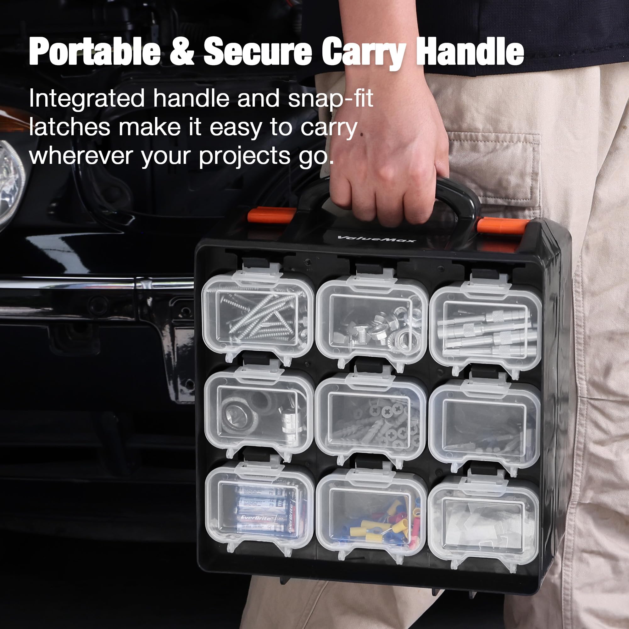 ValueMax Scatola organizer per piccole parti, cassetta degli attrezzi su entrambi i lati con 18 contenitori rimovibili, custodia portatile per viti e parti per dadi, bulloni e hardware