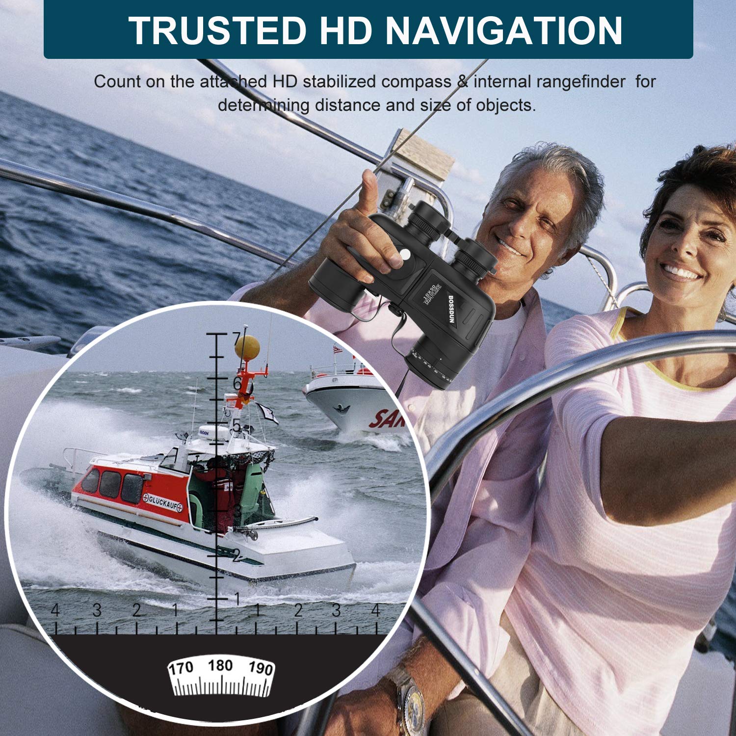 Binocolo Marino Mlitare Antiappannante Impermeabile 10x50, con Telemetro Interno e Bussola Obiettivo FMC con Prisma BAK4 per Navigazione, Canottaggio, Pesca,Sport Acquatici, Caccia