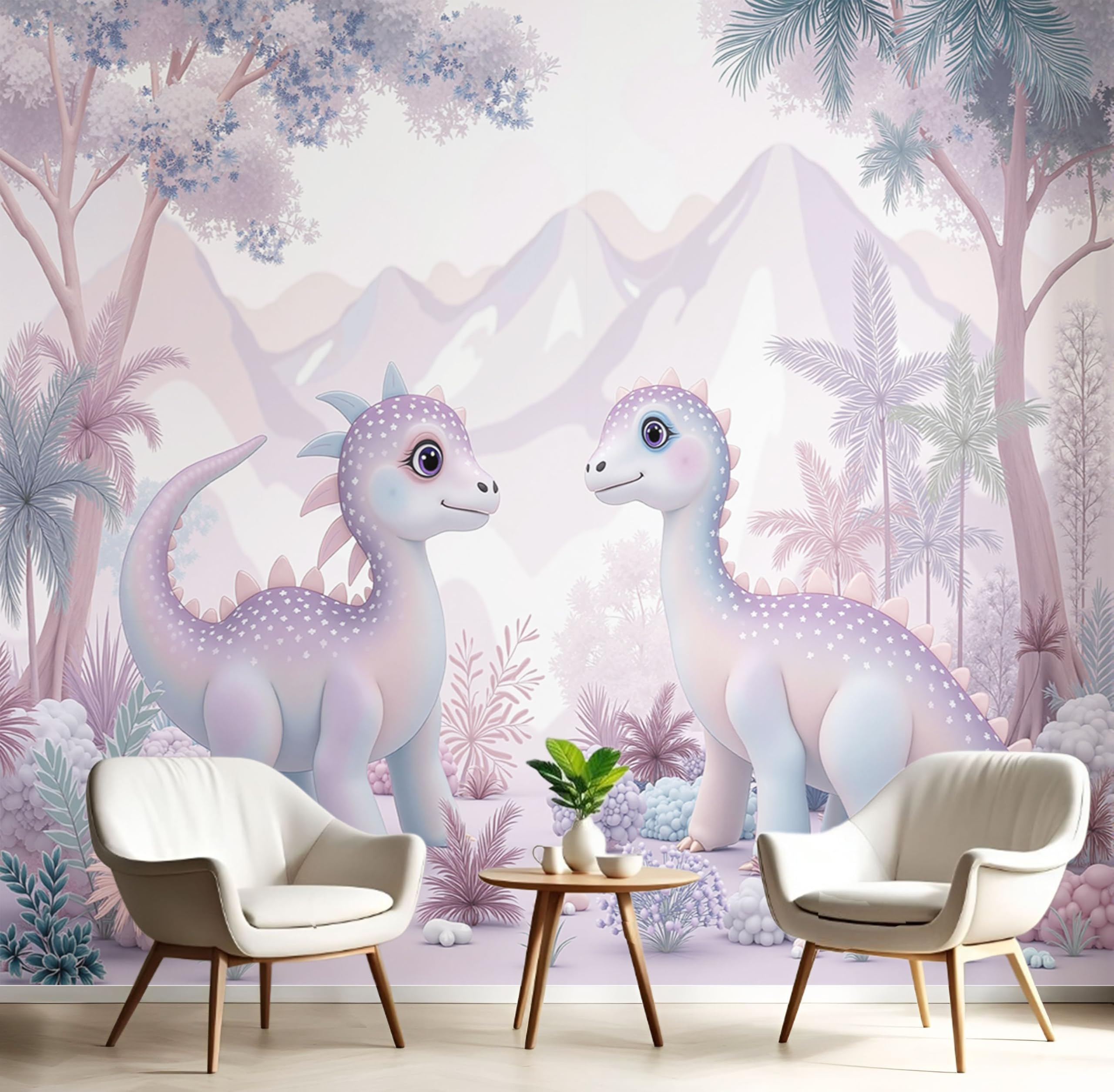 Papier peint panoramique dinosaure mignon 400x280 cm rose clair pour chambre d'enfant