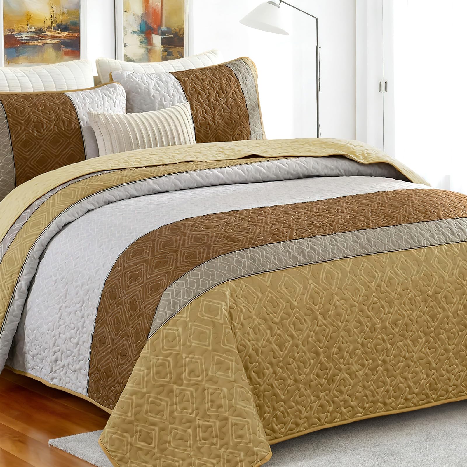 Xaztr Striped Quilt Bedding Set with Pillowcases and Storage Bag Soft Lightweight Bedspread for Single Double King Beds (Yellow, Single)