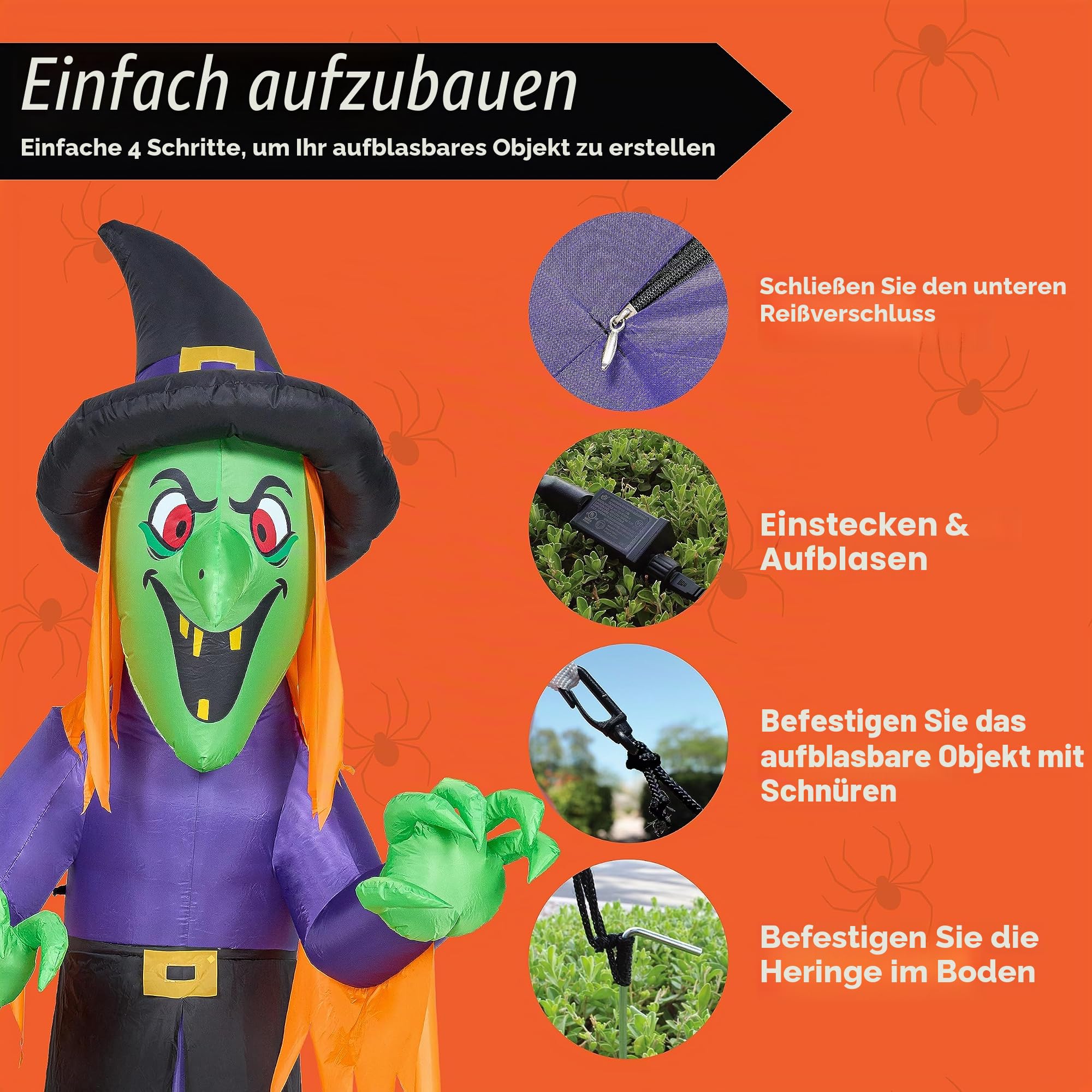Joiedomi 12 Fuß hohe aufblasbare Halloween-Hexe mit LED-Lichtern - Gruselige Deko für draußen im Garten, aufblasbare Deko für draußen im Garten, Halloween-Dekor