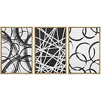 SIGNWIN Framed Canvas Print Wall Art Trio of Circular and Triangular Patterns Abstract Shapes Illustrations Modern Art Dramatic Black and White for Living Room, Bedroom, Office - 16