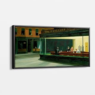 tabloshop Nighthawks by Edward Hopper Canvas Wall Art Print, Reproduction Edward Hopper Wall Art Decoration, Nighthawks Framed Art Print (Black Frame, 100x50cm)