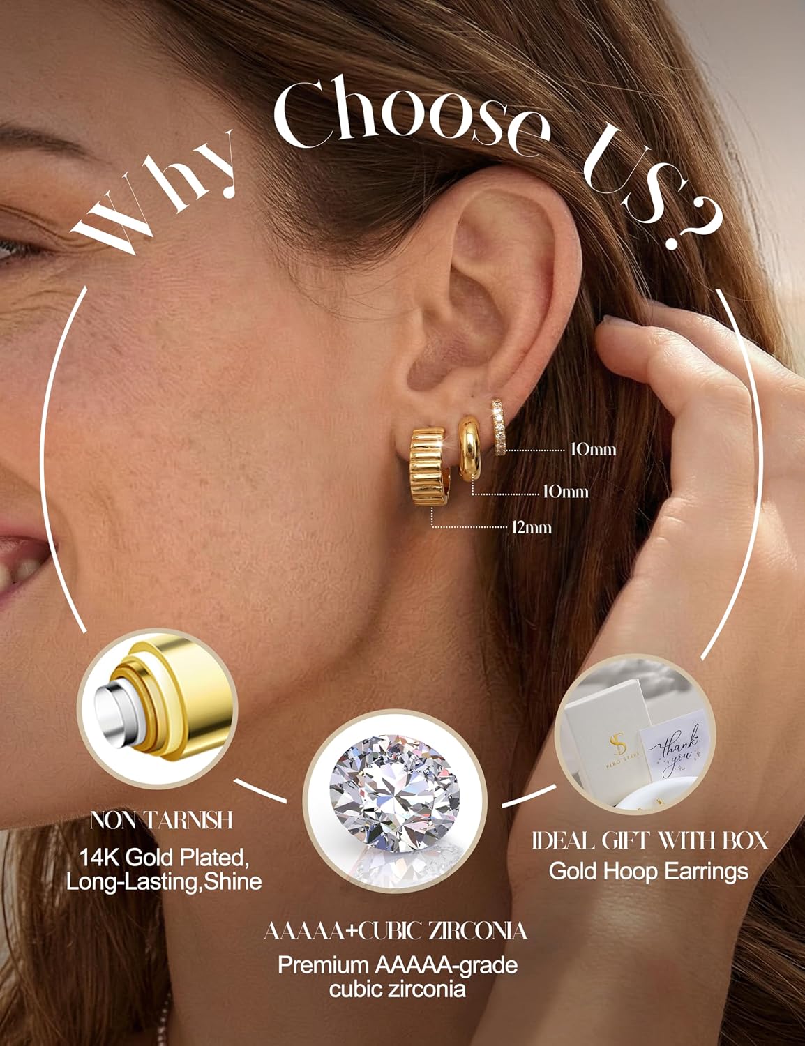 14K Gold Plated Hoop Earrings Stacks for Women - Hypoallergenic Huggie Hoops Earrings for Sensitive Ears Small Chunky Gold Silver Plated Open Hoop Earring Stack Lightweight Non Tarnish Jewelry 3 Pairs