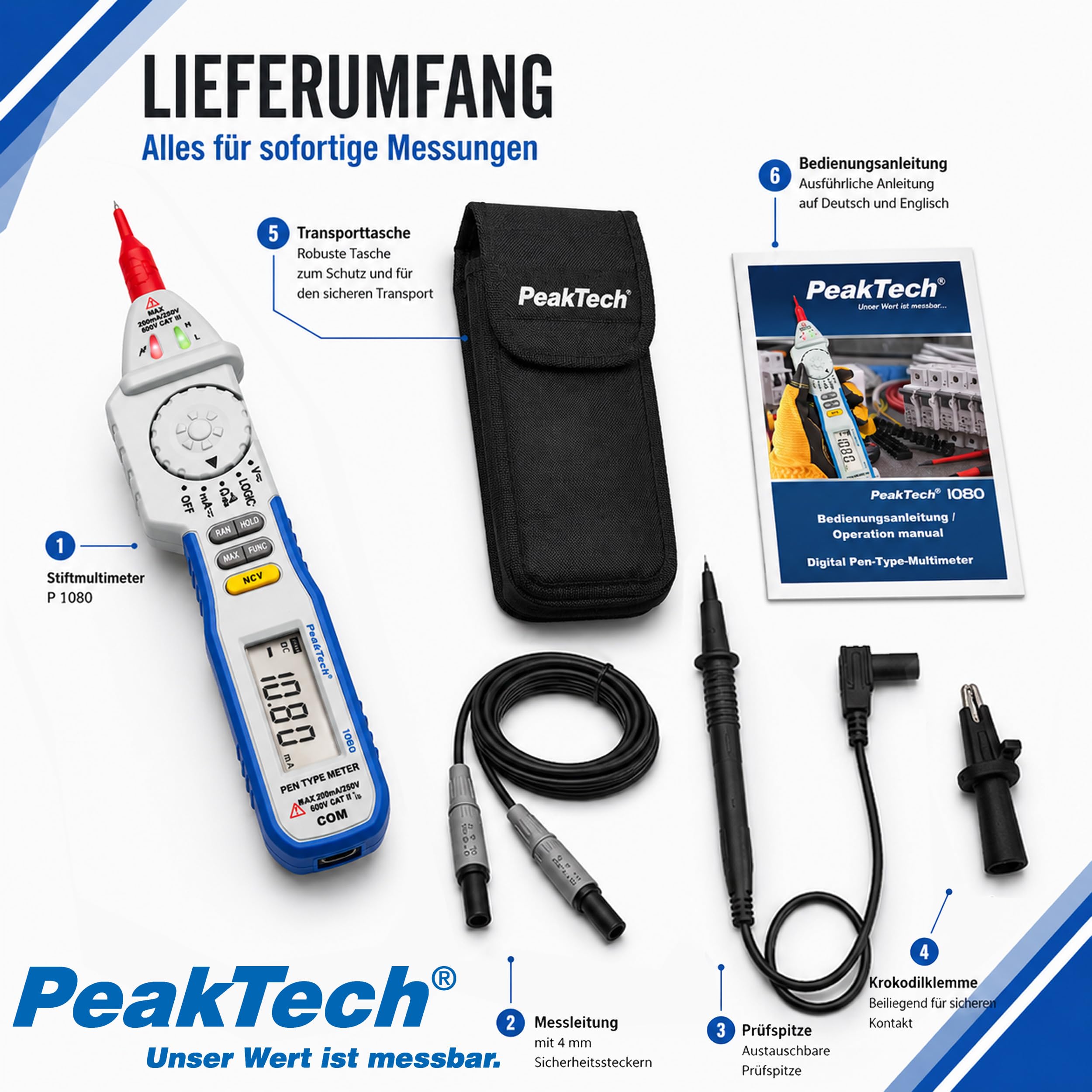 PeakTech P 1080 - Cyfrowy Multimetr piórkowy ~ 2.000 zliczeń ~ 600V AC/DC ~ z NCV