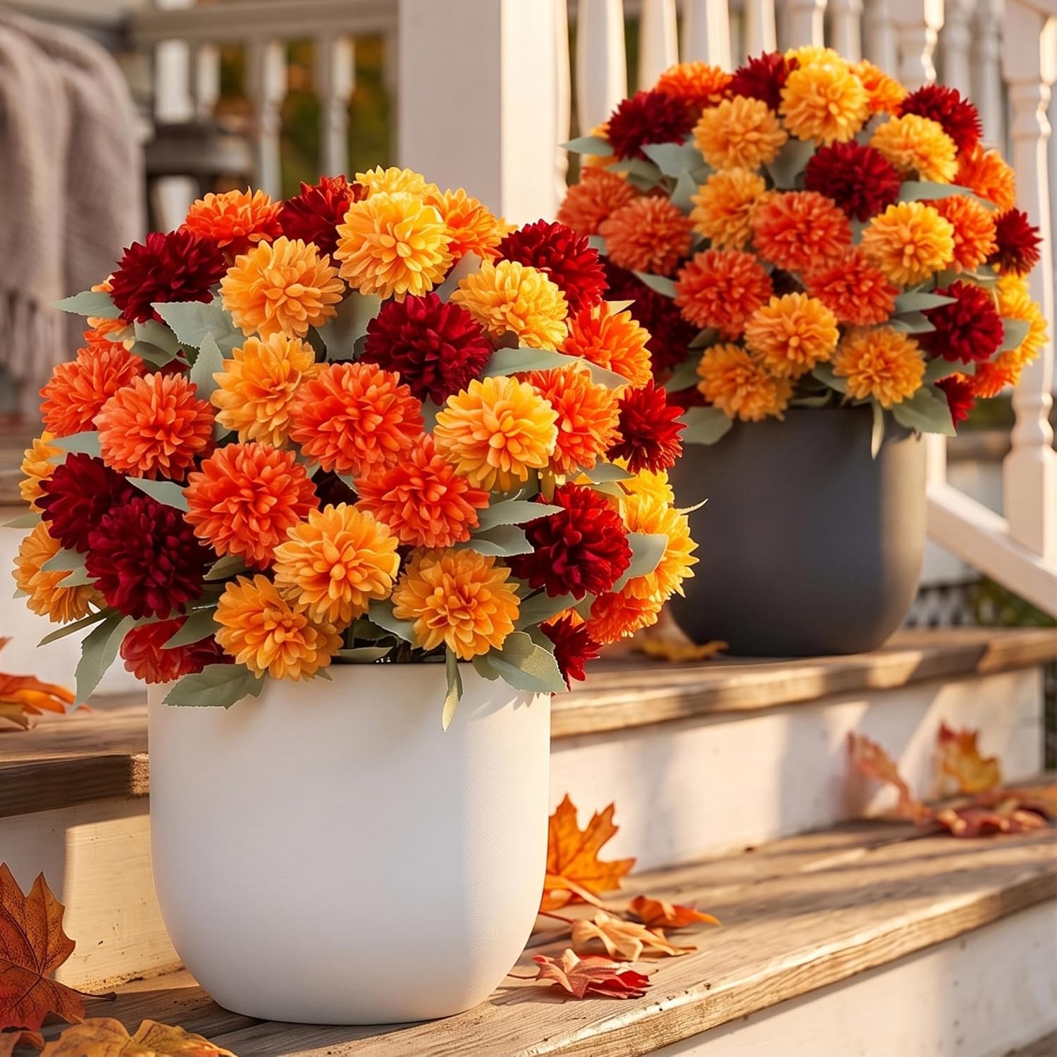 Auihiay Fall Flowers Artificial Topiary Balls, Fake Mums for Outdoors