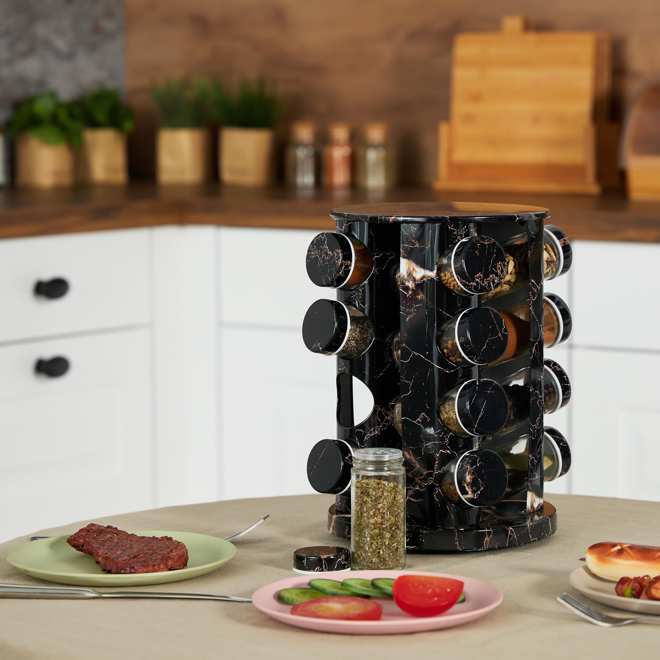 Relaxdays Portaspezie da Cucina, 16 Barattoli, Fori Spargispezie, Girevole a 360°, HxD: 27,5x19 cm, Effetto Marmo, Nero