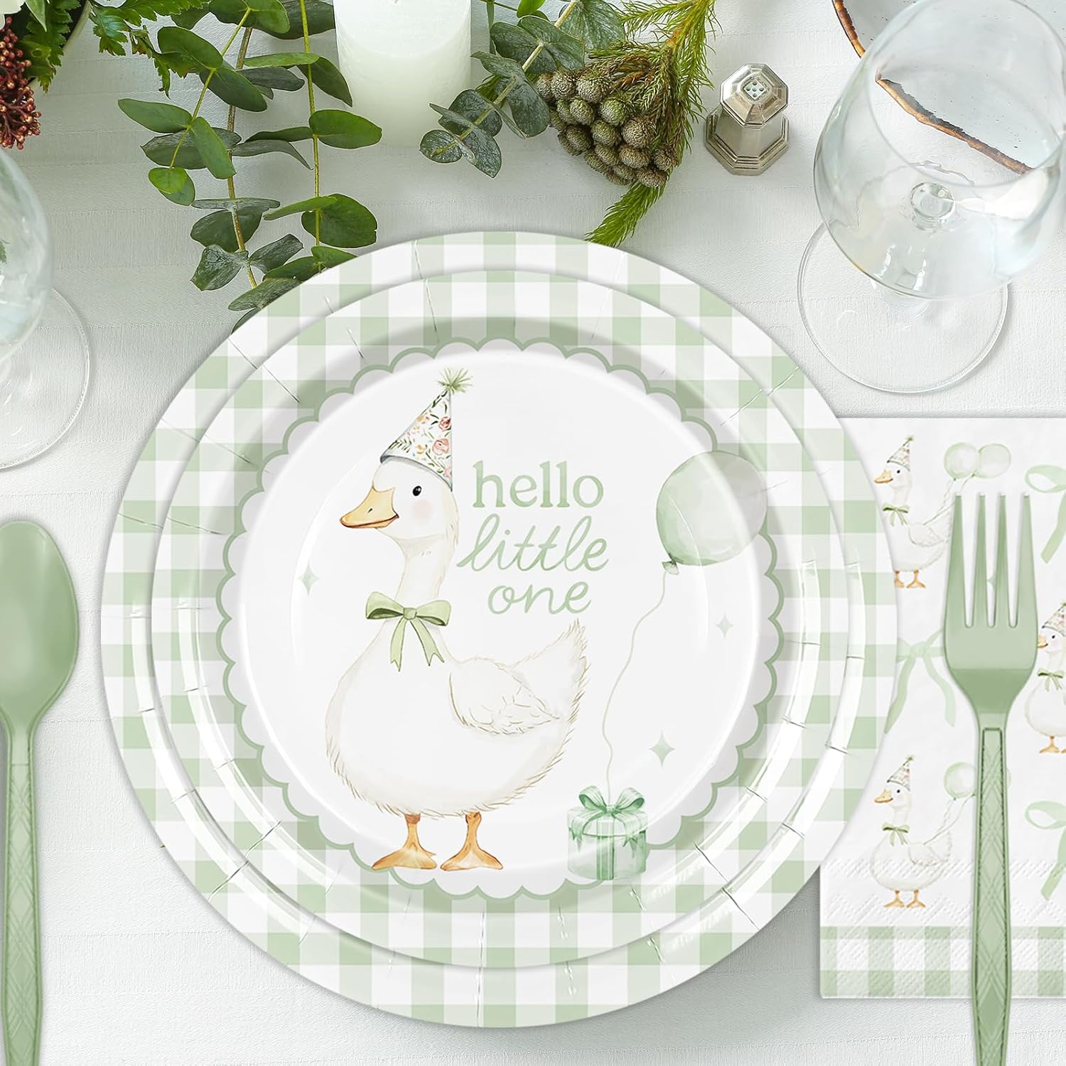 FYSUIMU One Silly Goose Party Tableware Set Hello Little One Summer Birthday Party Kit Green Plaid Paper Plates Napkins Fork Knife Spoon for 25 Guests Baby Shower Goose Birthday Party, 175Pcs