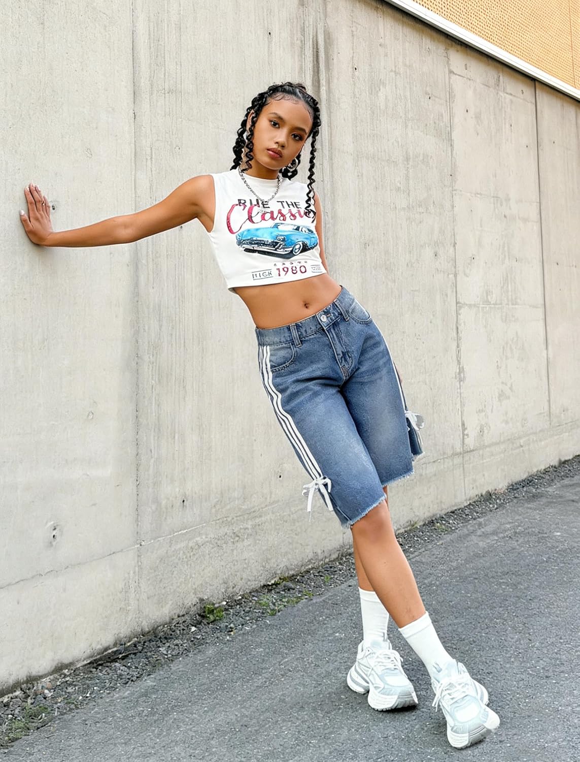 Girls Jean Shorts Baggy Loose Fit Raw Hem Bermuda Denim Shorts Side-Stripe Bowknot Y2K Cute Streetwear 13-16Y